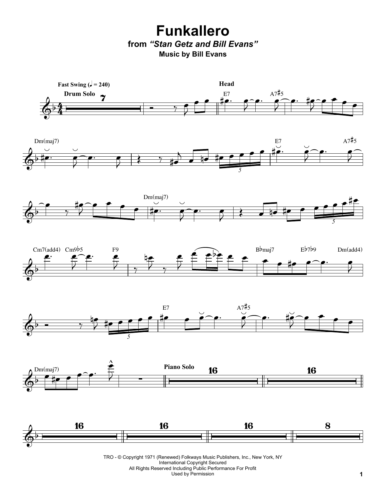 Funkallero (Tenor Sax Transcription) von Stan Getz