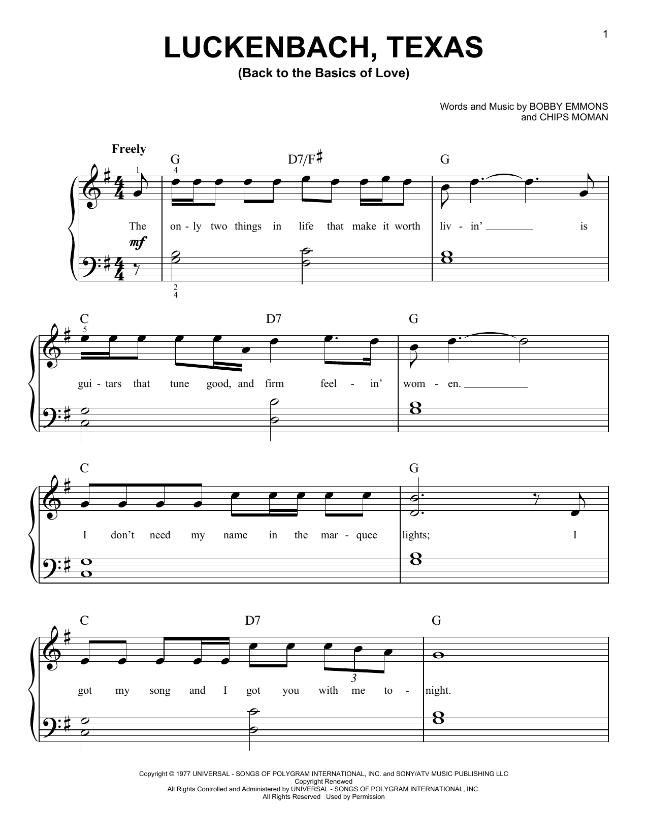 Luckenbach, Texas (Back To The Basics Of Love) (Easy Piano) von Waylon Jennings