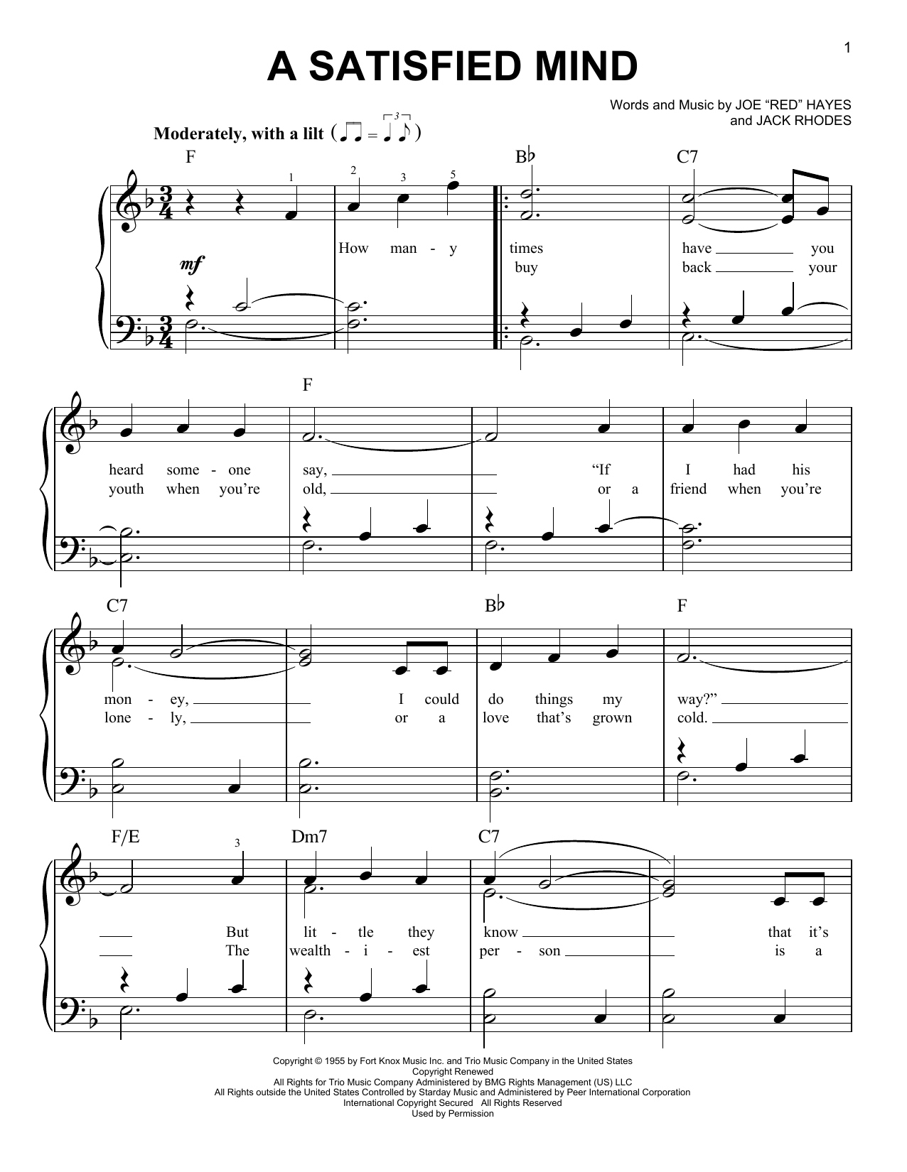 A Satisfied Mind (Easy Piano) von Porter Wagoner