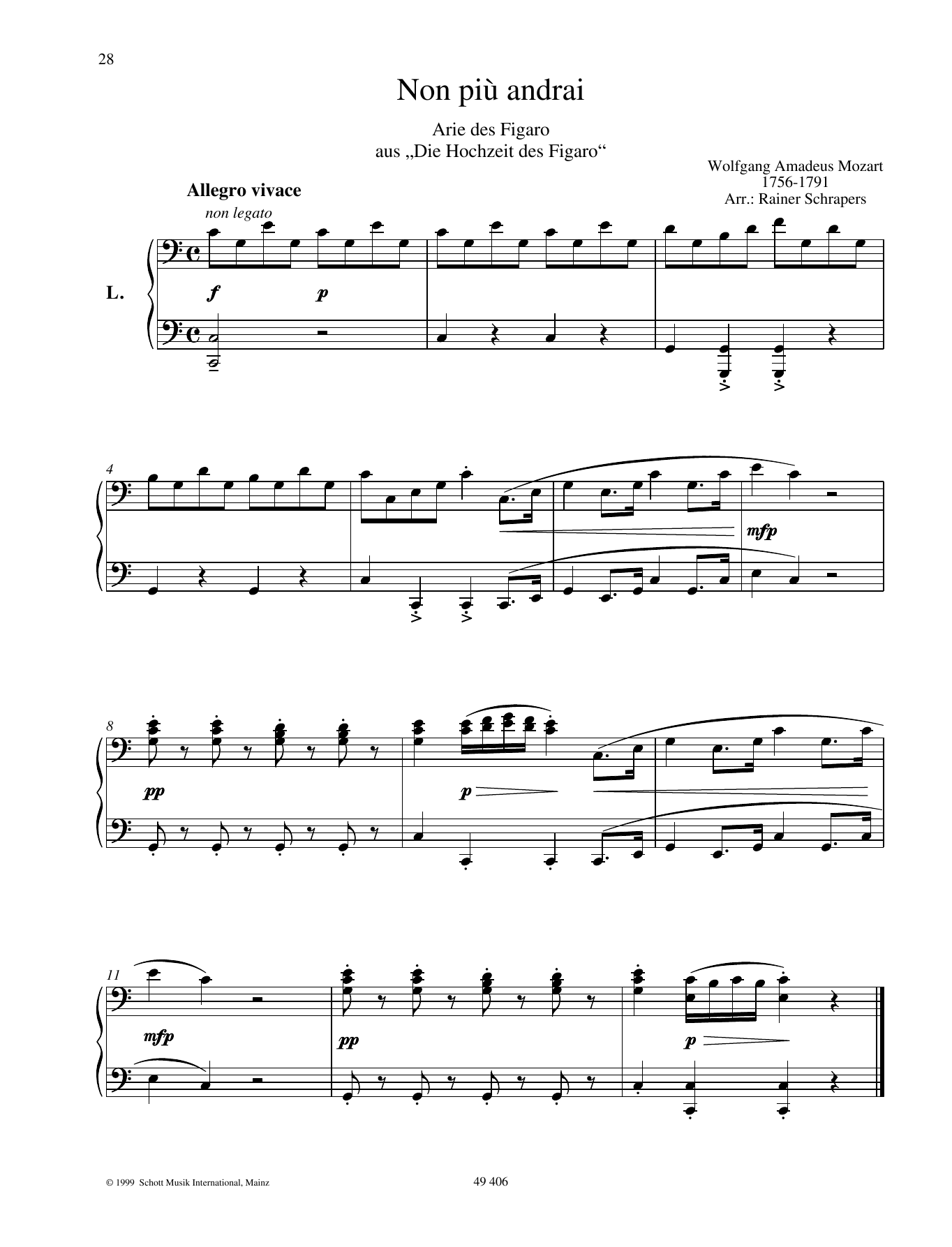 Non Piu Andrai (Piano Duet) von Wolfgang Amadeus Mozart