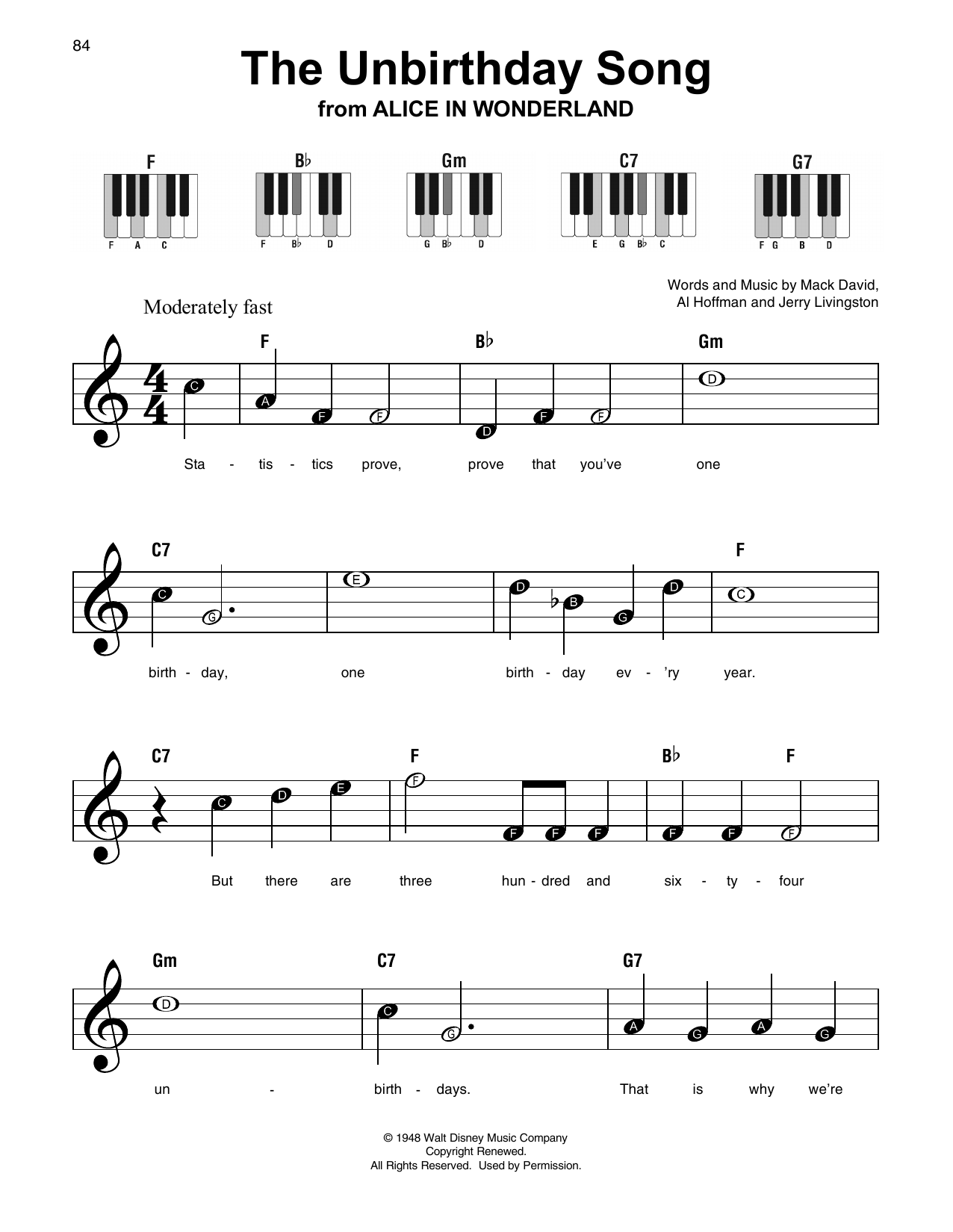 The Unbirthday Song (from Alice In Wonderland) (Super Easy Piano) von Mack David, Al Hoffman and Jerry Livingston