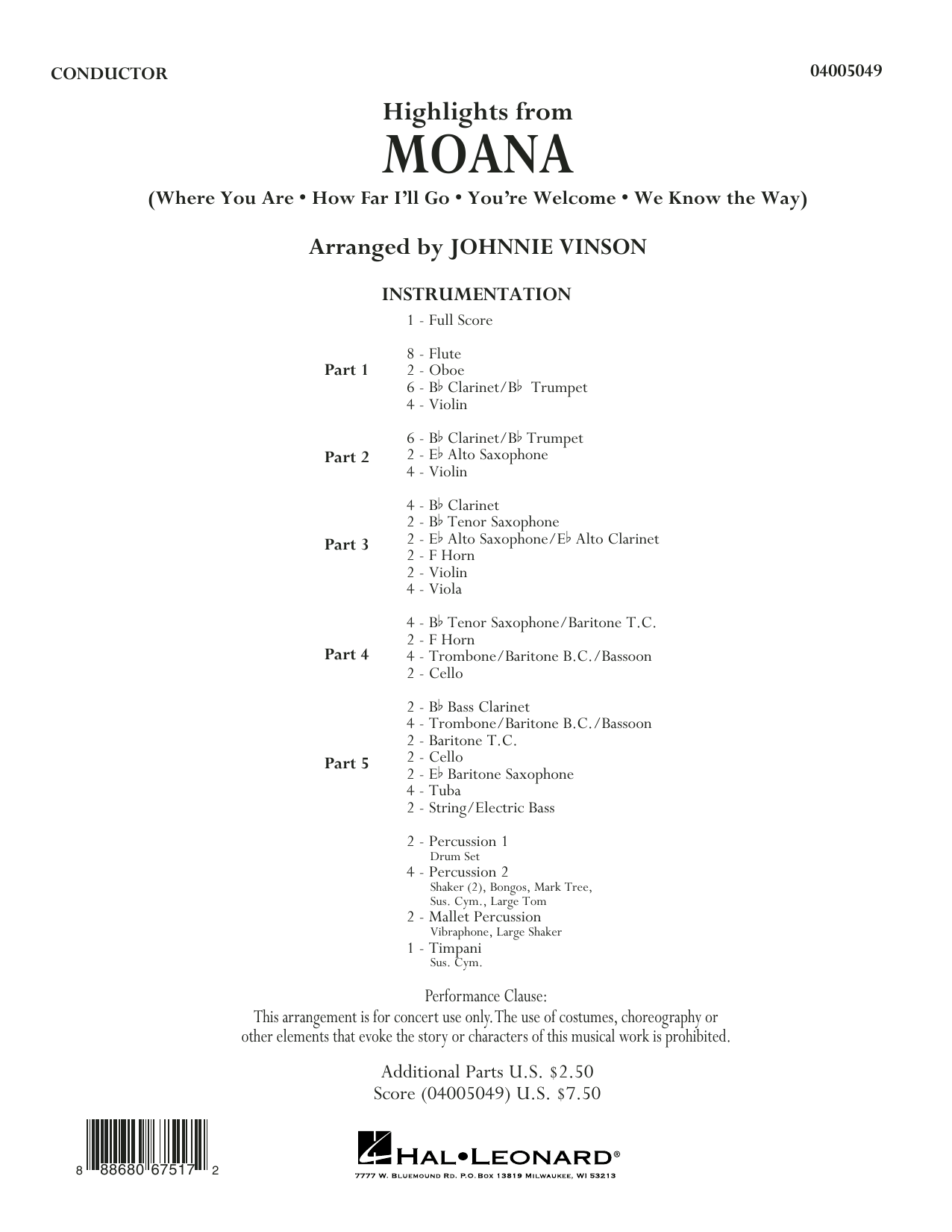 Highlights from Moana - Conductor Score (Full Score) (Concert Band: Flex-Band) von Johnnie Vinson