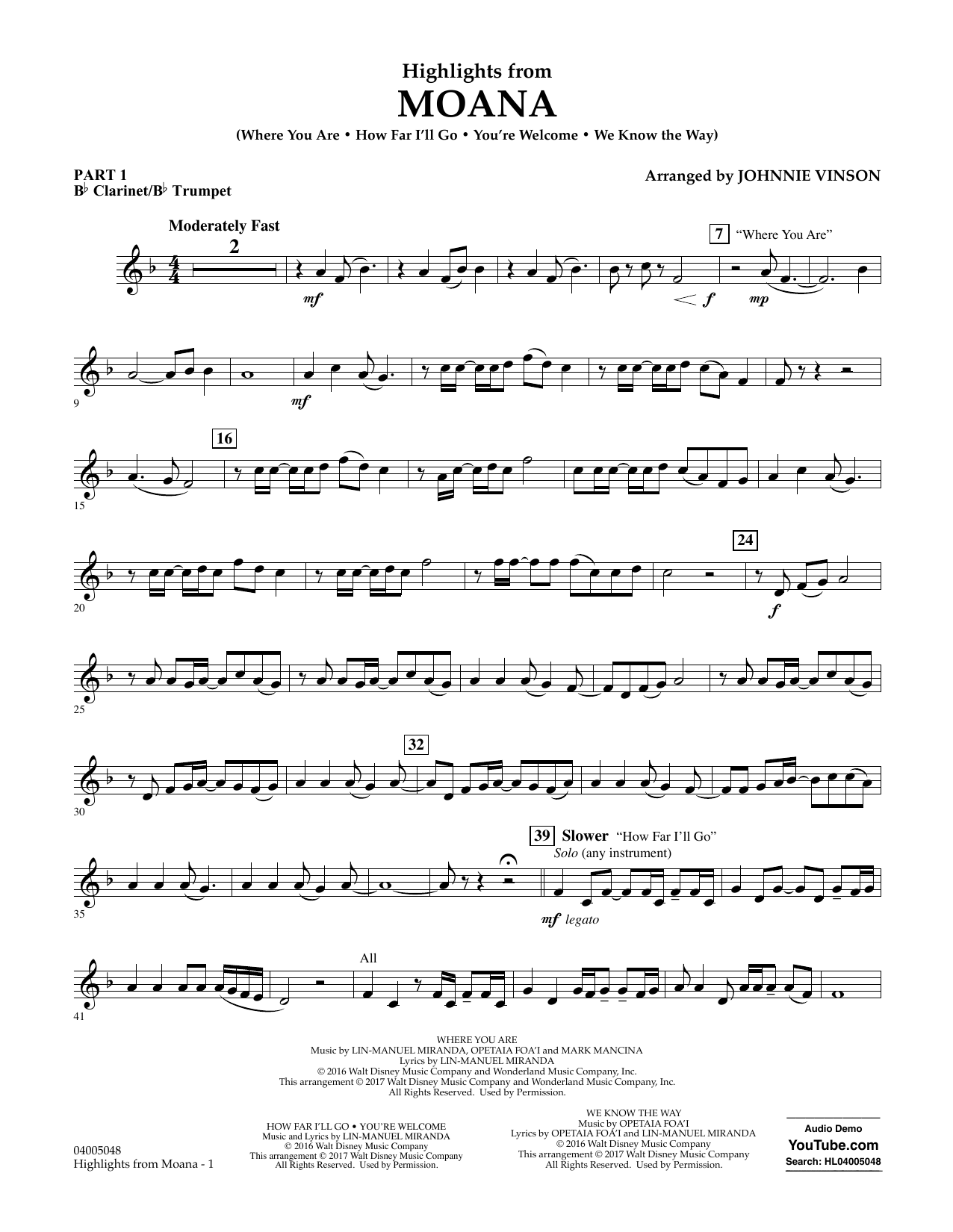 Highlights from Moana - Pt.1 - Bb Clarinet/Bb Trumpet (Concert Band: Flex-Band) von Johnnie Vinson