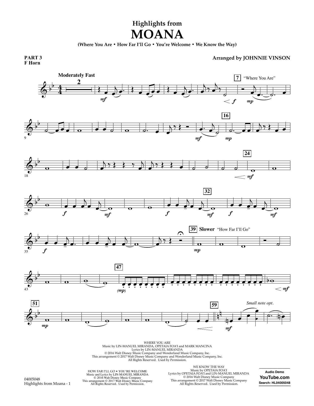 Highlights from Moana - Pt.3 - F Horn (Concert Band: Flex-Band) von Johnnie Vinson