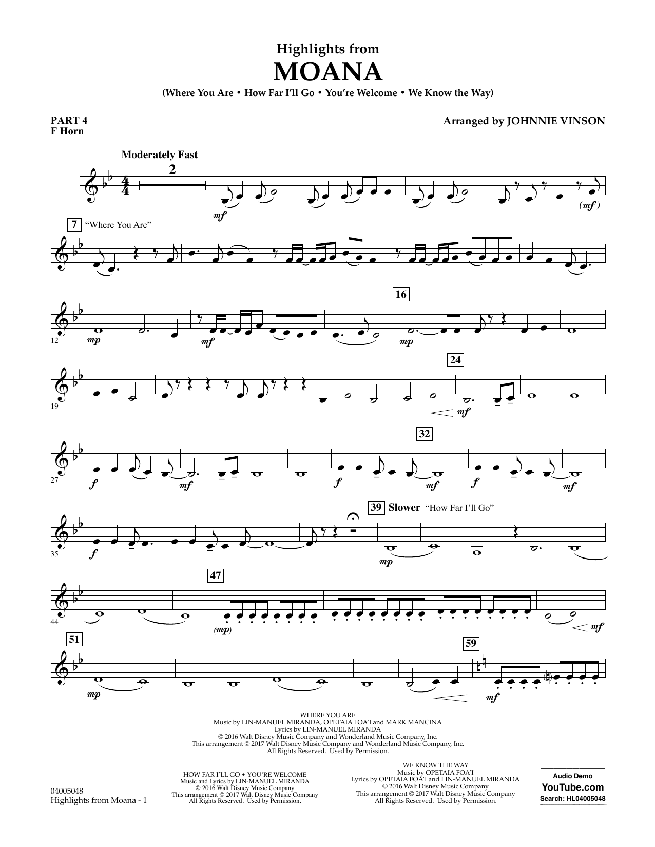 Highlights from Moana - Pt.4 - F Horn (Concert Band: Flex-Band) von Johnnie Vinson