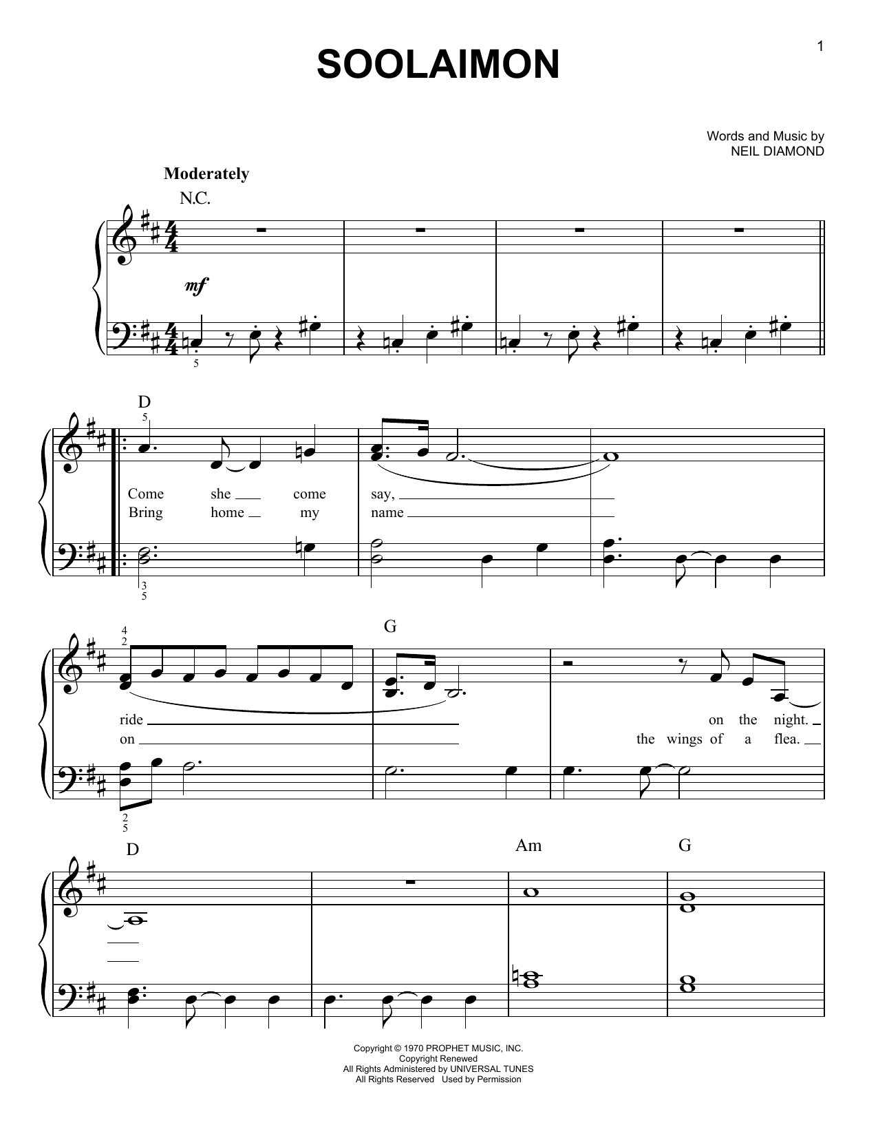 Soolaimon (Easy Piano) von Neil Diamond