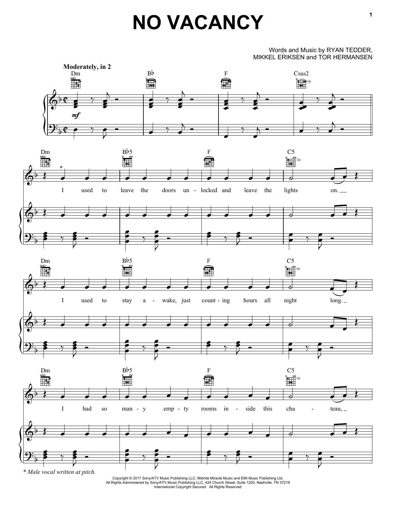 No Vacancy (Piano, Vocal & Guitar Chords (Right-Hand Melody)) von One Republic