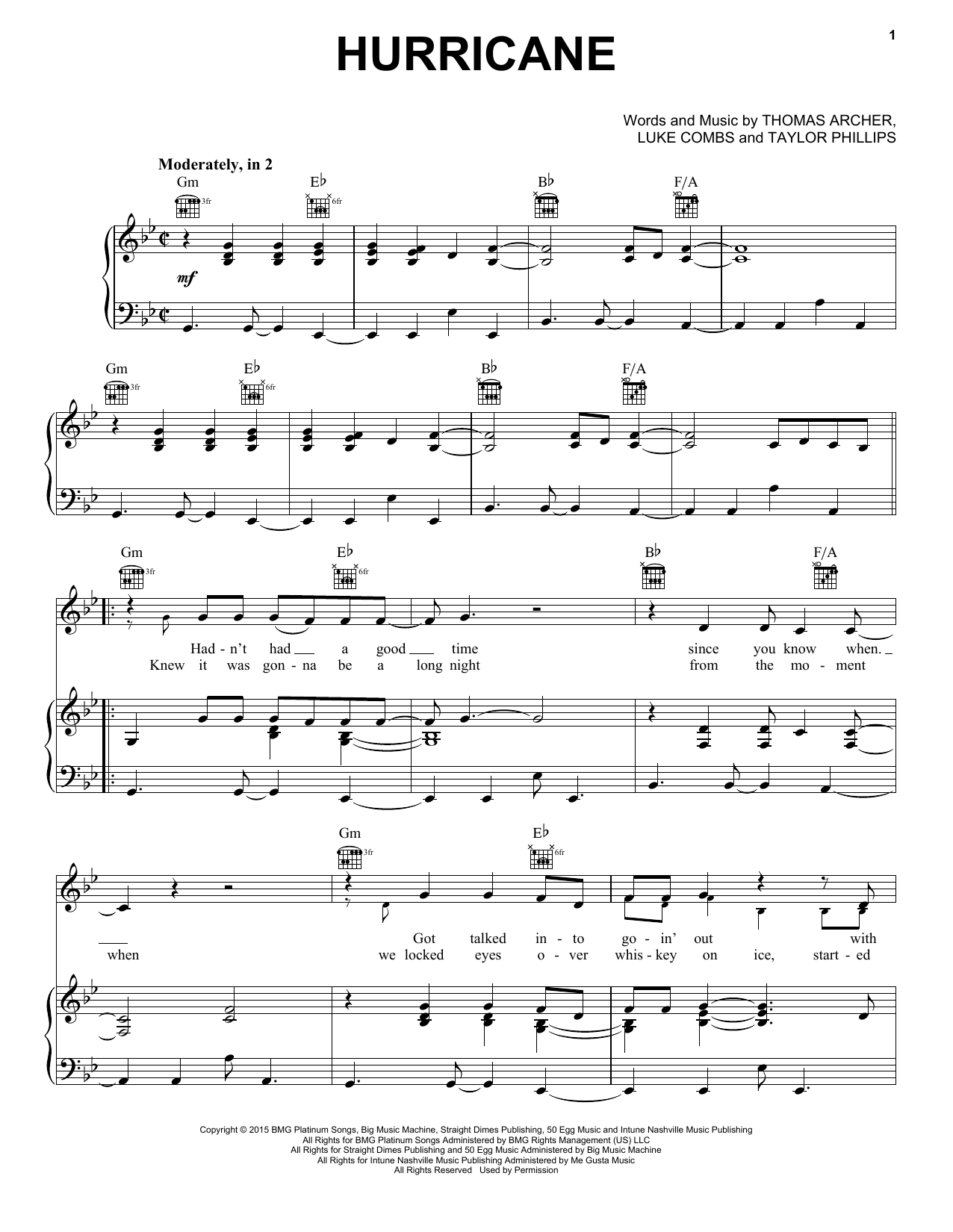 Hurricane (Piano, Vocal & Guitar Chords (Right-Hand Melody)) von Luke Combs