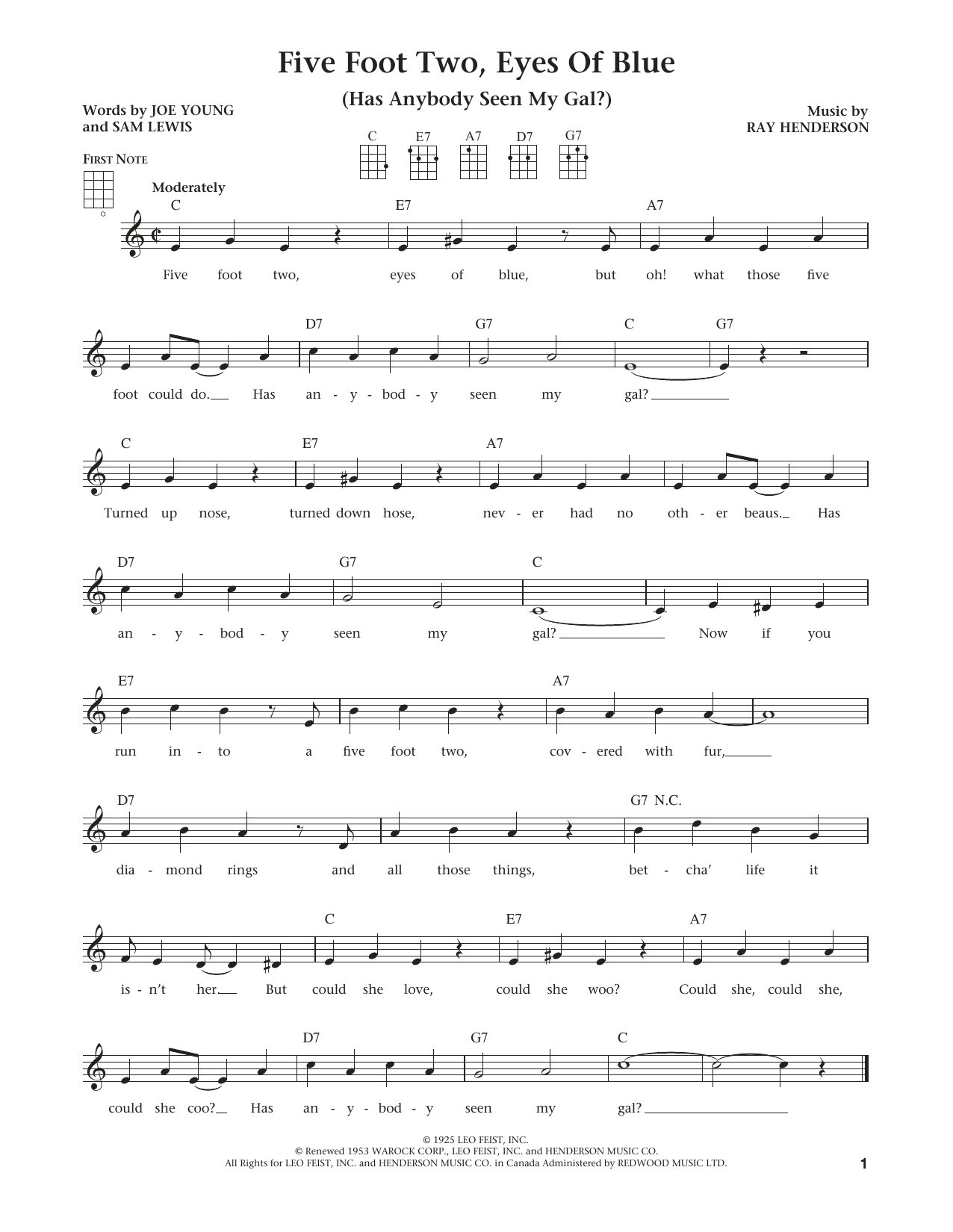 Five Foot Two, Eyes Of Blue (Has Anybody Seen My Girl?) (The Daily Ukulele) (arr Liz and Jim Beloff) (Ukulele) von Ray Henderson