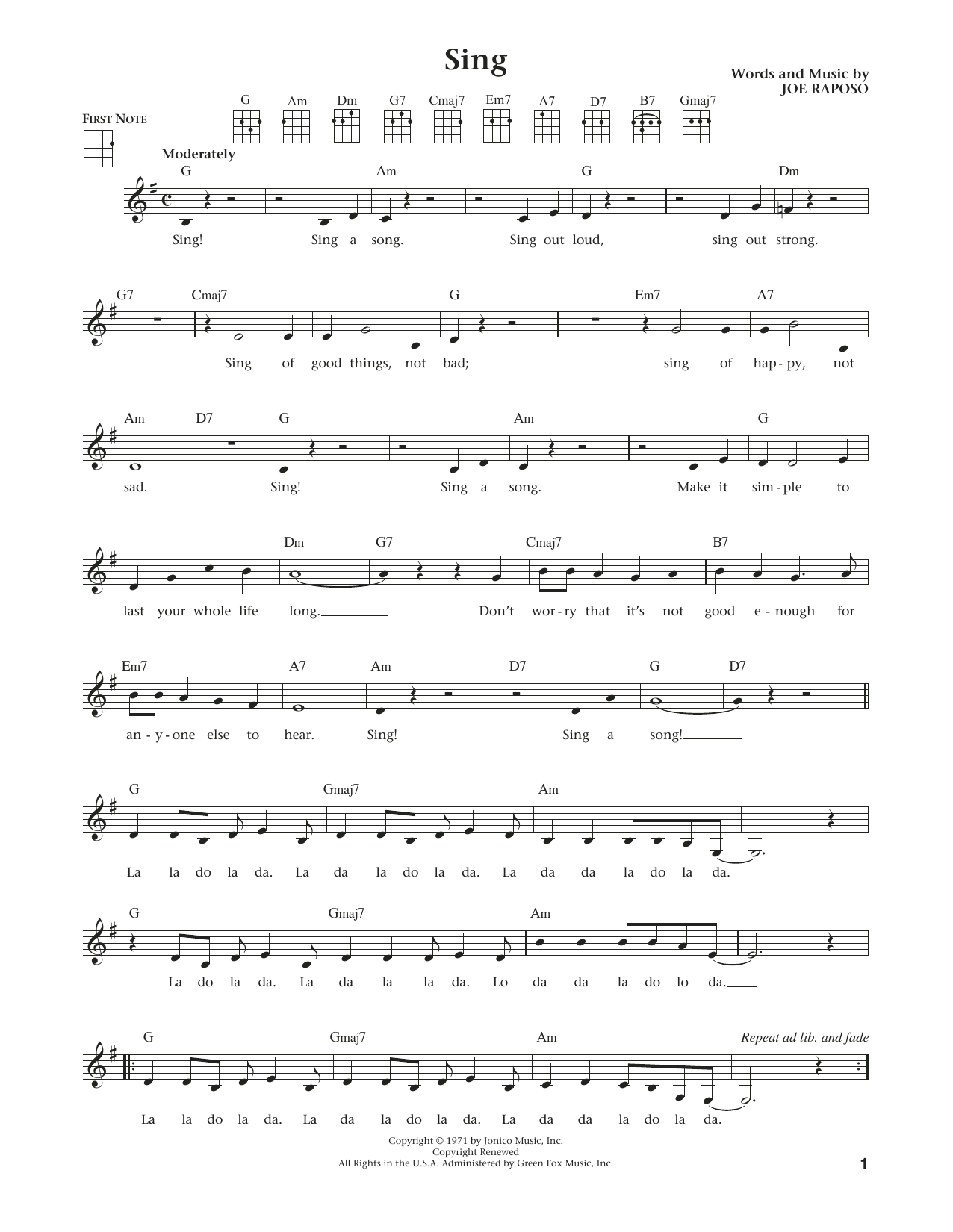 Sing (from The Daily Ukulele) (arr. Liz and Jim Beloff) (Ukulele) von Joe Raposo