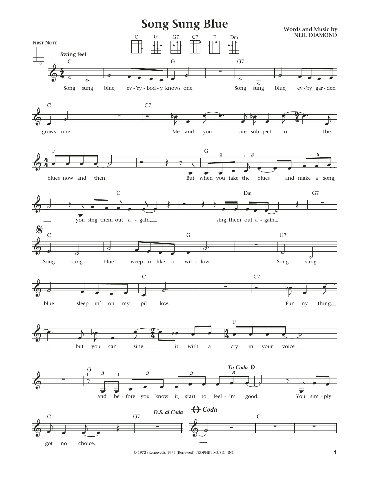 Song Sung Blue (from The Daily Ukulele) (arr. Liz and Jim Beloff) (Ukulele) von Neil Diamond