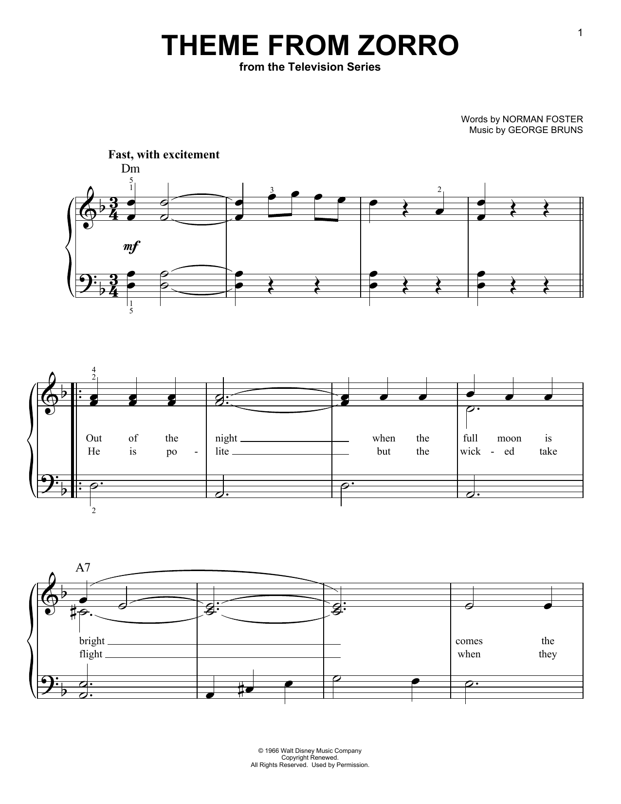 Theme From Zorro (Easy Piano) von George Bruns