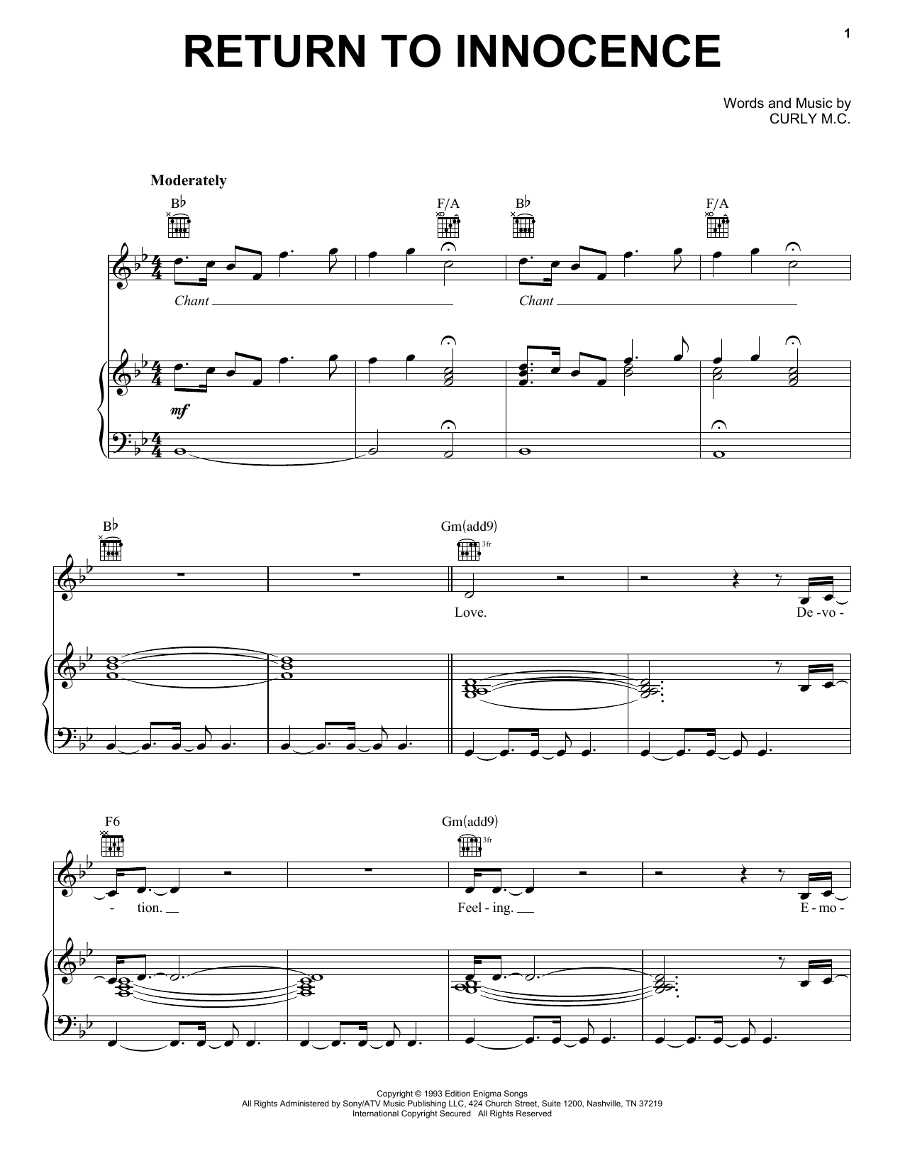 Return To Innocence (Piano, Vocal & Guitar Chords (Right-Hand Melody)) von Enigma