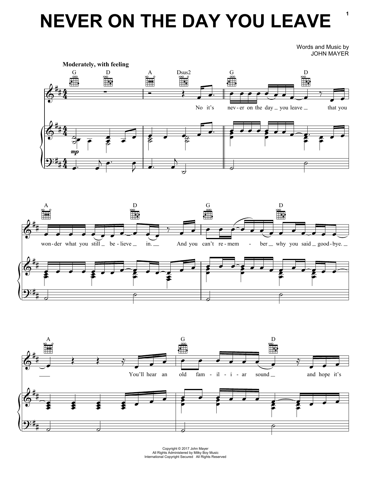 Never On The Day You Leave (Piano, Vocal & Guitar Chords (Right-Hand Melody)) von John Mayer