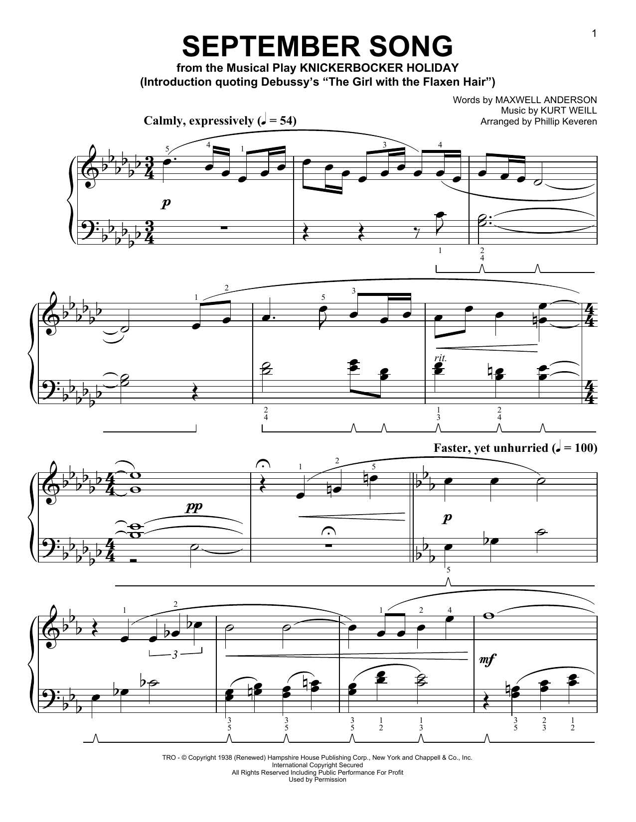 September Song [Classical version] (arr. Phillip Keveren) (Easy Piano) von Kurt Weill
