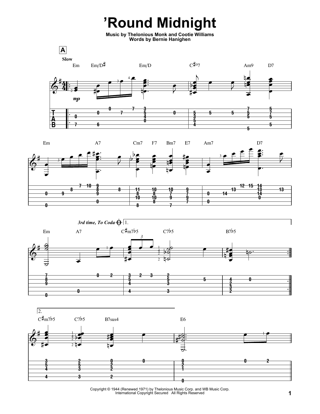 'Round Midnight (Solo Guitar) von Thelonious Monk