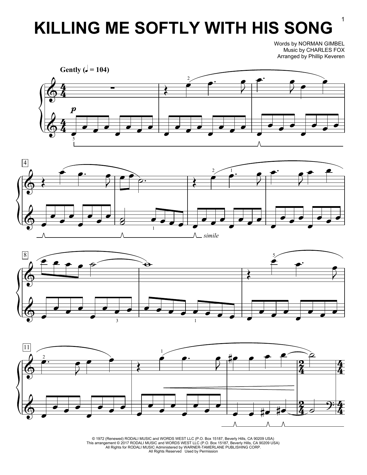 Killing Me Softly With His Song [Classical version] (arr. Phillip Keveren) (Easy Piano) von Roberta Flack