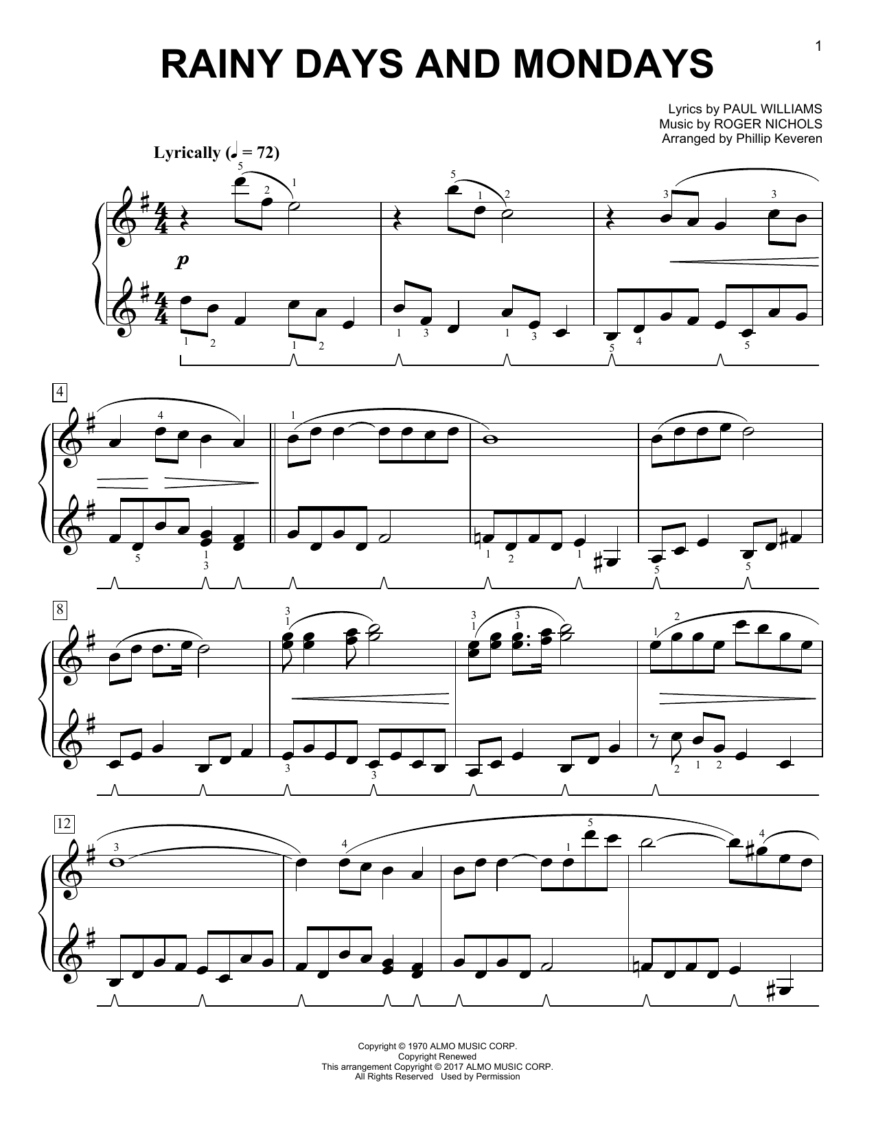 Rainy Days And Mondays [Classical version] (arr. Phillip Keveren) (Easy Piano) von Carpenters