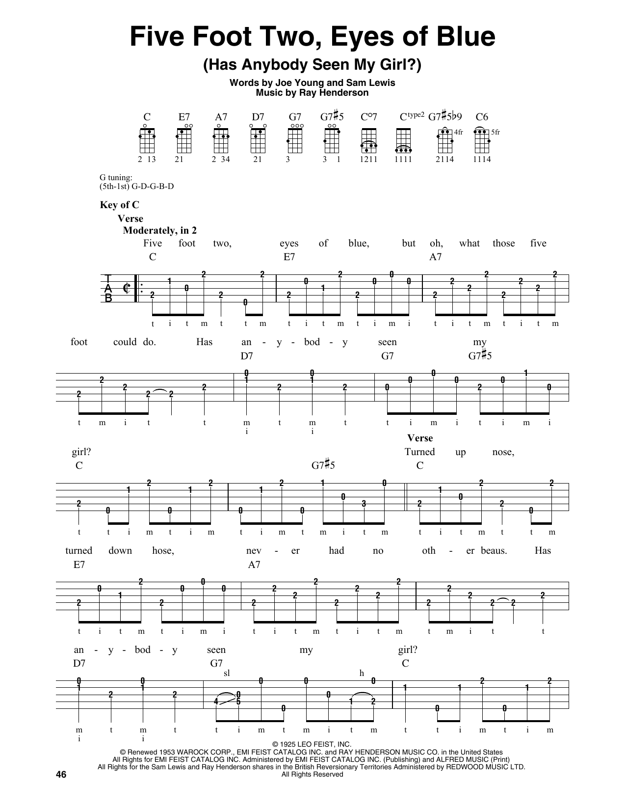 Five Foot Two, Eyes Of Blue (Has Anybody Seen My Girl?) (Banjo Tab) von Ray Henderson