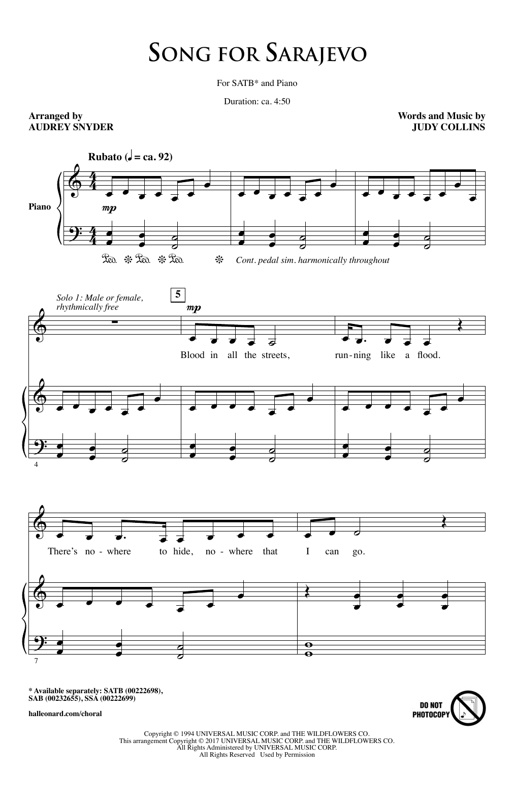 Song For Sarajevo (SATB Choir) von Audrey Snyder