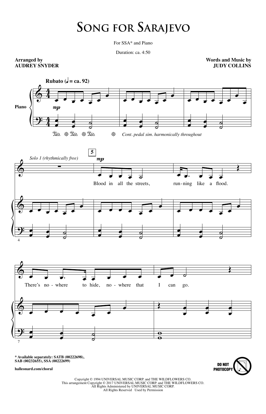 Song For Sarajevo (SSA Choir) von Audrey Snyder