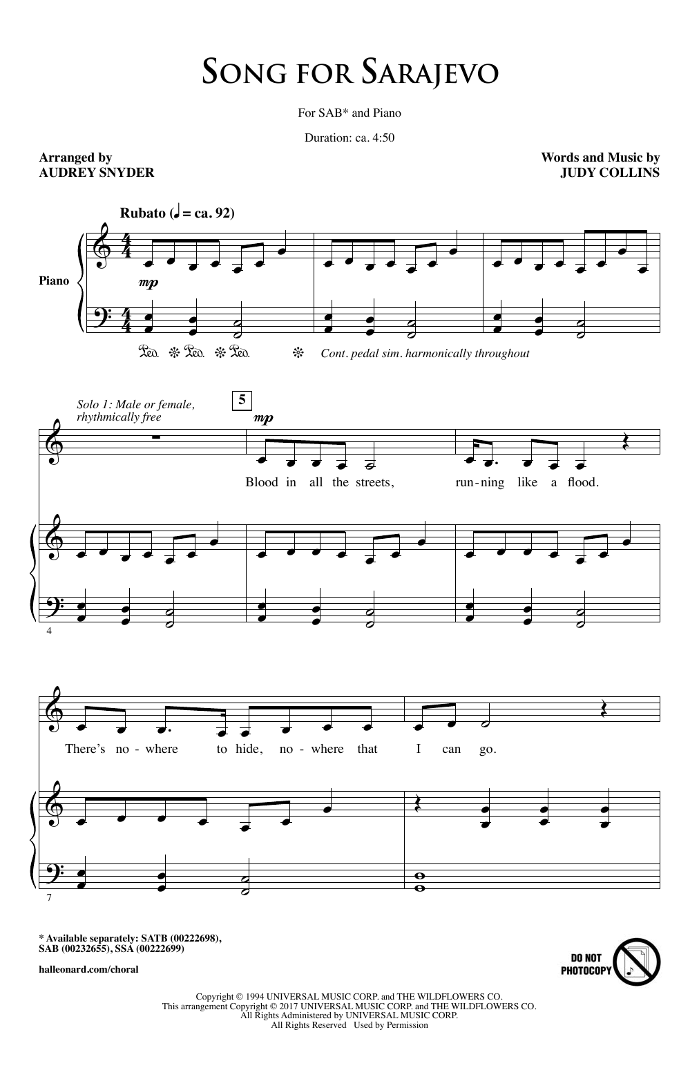 Song For Sarajevo (SAB Choir) von Audrey Snyder
