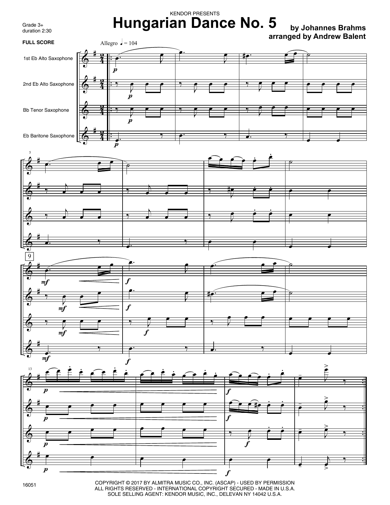 Hungarian Dance No. 5 - Full Score (Woodwind Ensemble) von Andrew Balent