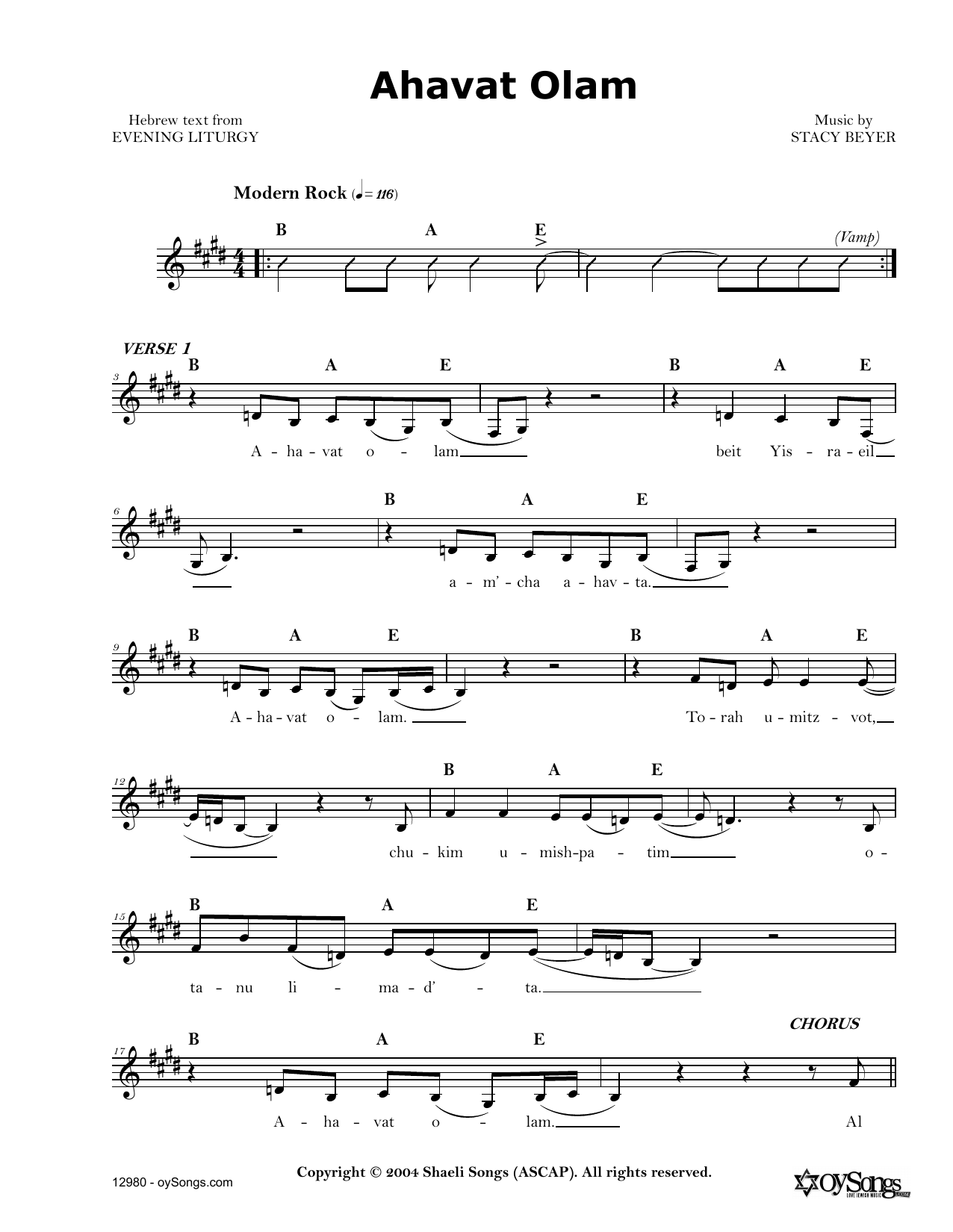 Ahavat Olam (Lead Sheet / Fake Book) von Stacy Beyer