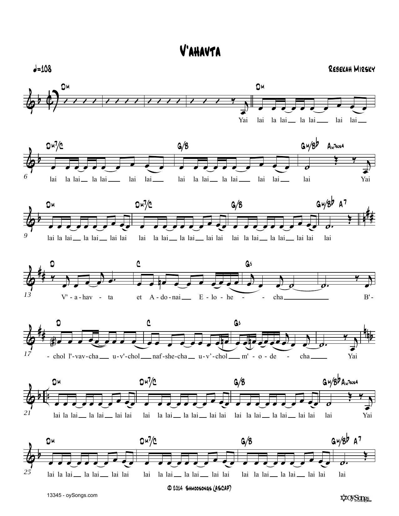 V'ahavta (Lead Sheet / Fake Book) von Rebekah Mirsky