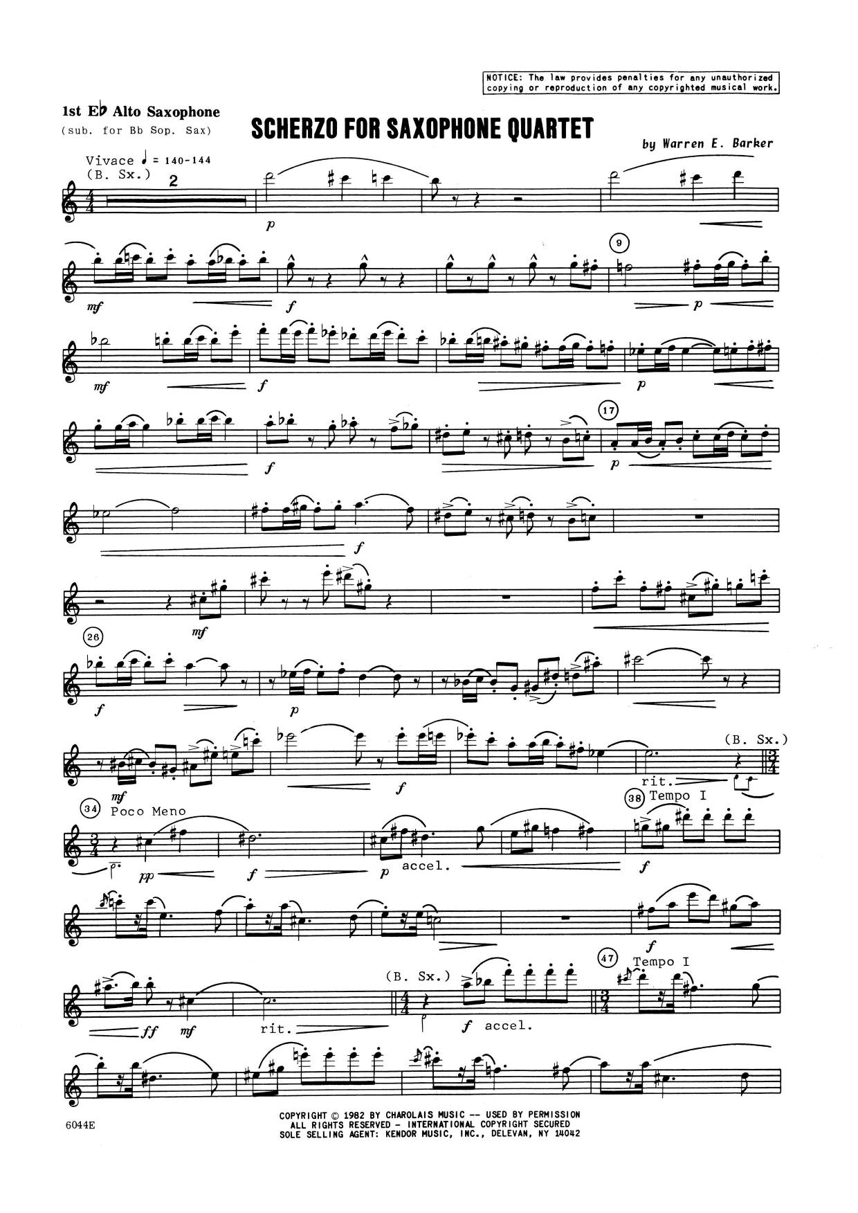 Scherzo for Saxophone Quartet - 1st Eb Alto Saxophone (Woodwind Ensemble) von Warren Barker