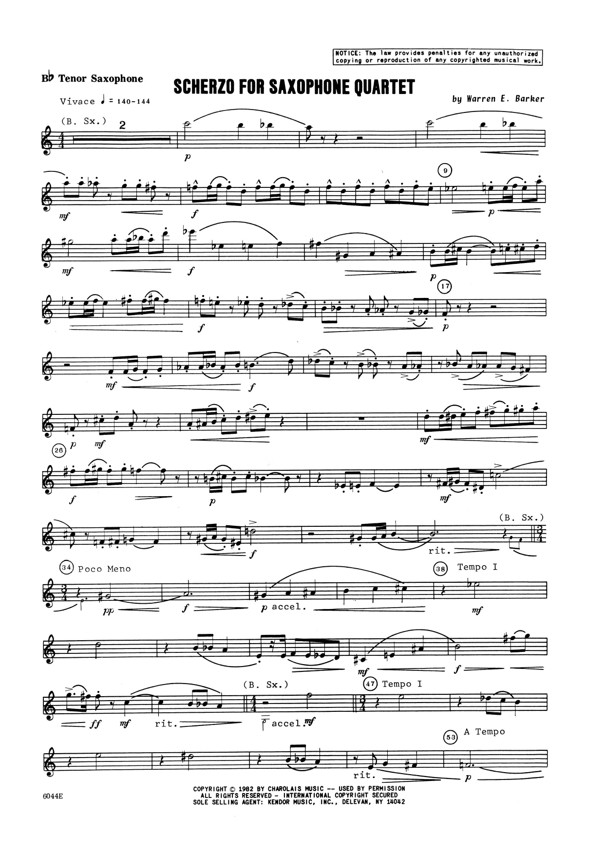 Scherzo for Saxophone Quartet - Bb Tenor Saxophone (Woodwind Ensemble) von Warren Barker