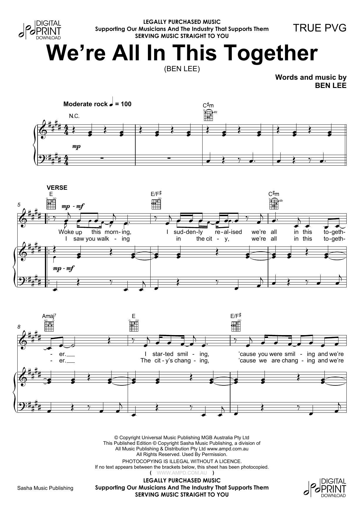 We're All in This Together (Piano, Vocal & Guitar Chords (Right-Hand Melody)) von Ben Lee