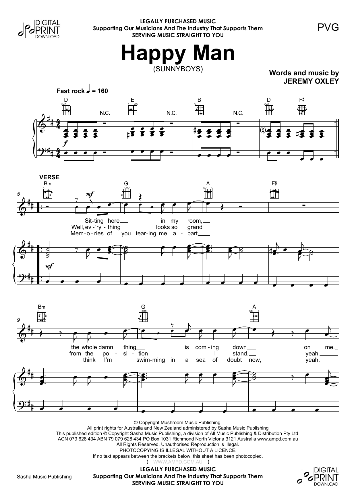 Happy Man (Piano, Vocal & Guitar Chords (Right-Hand Melody)) von Sunnyboys