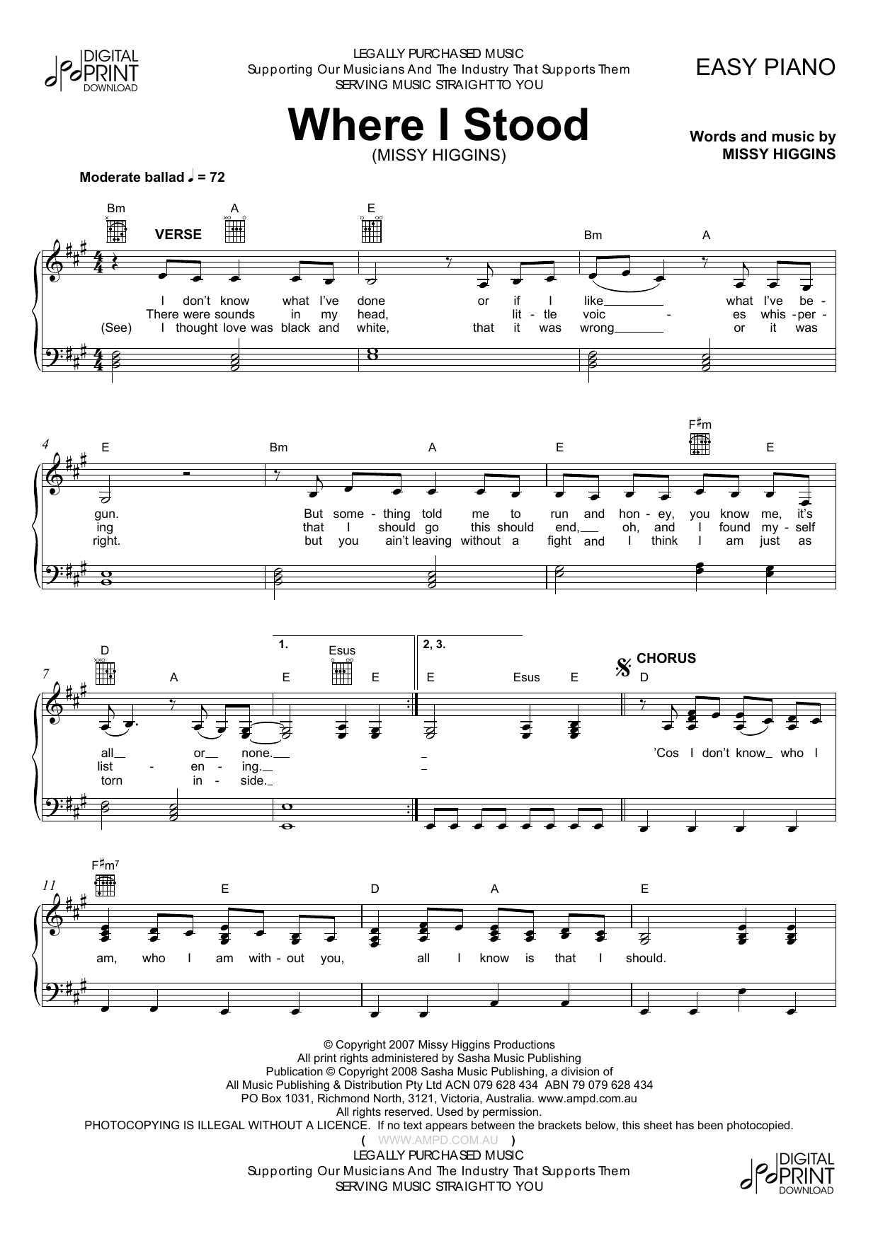 Where I Stood (Easy Piano) von Missy Higgins