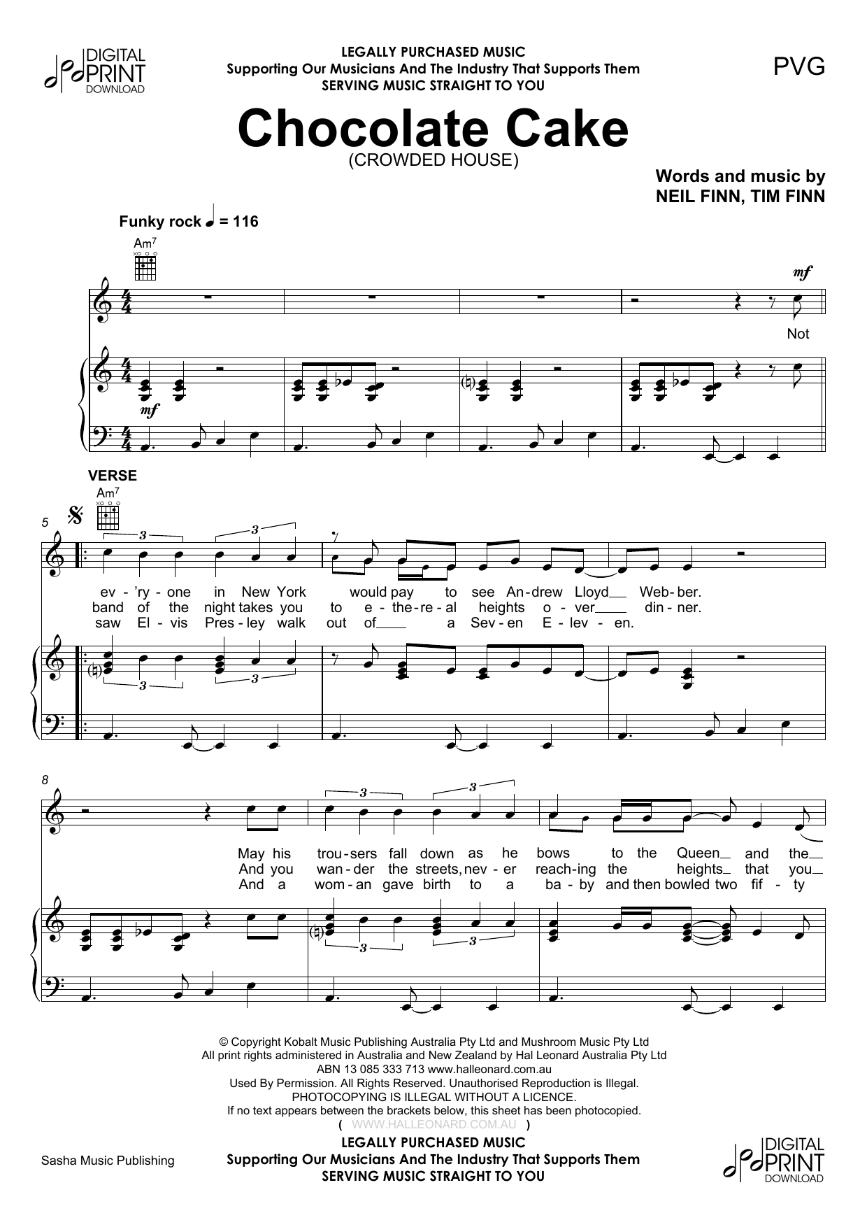 Chocolate Cake (Piano, Vocal & Guitar Chords (Right-Hand Melody)) von Crowded House