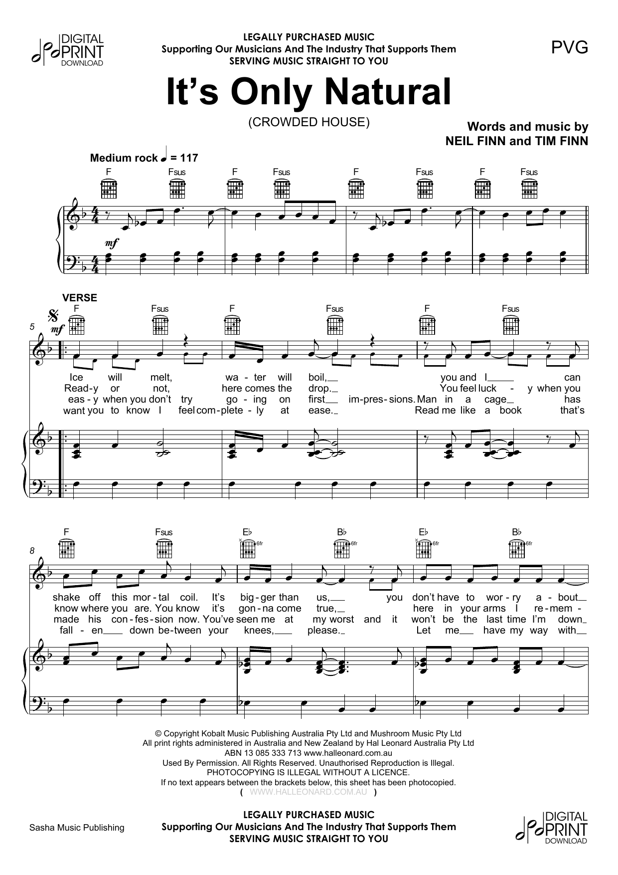 It's Only Natural (Piano, Vocal & Guitar Chords (Right-Hand Melody)) von Crowded House