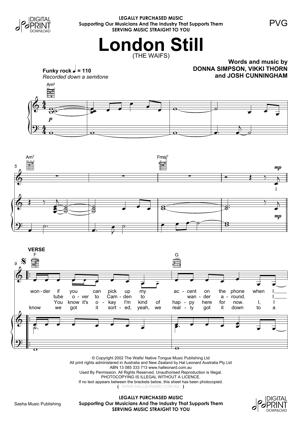 London Still (Piano, Vocal & Guitar Chords (Right-Hand Melody)) von The Waifs