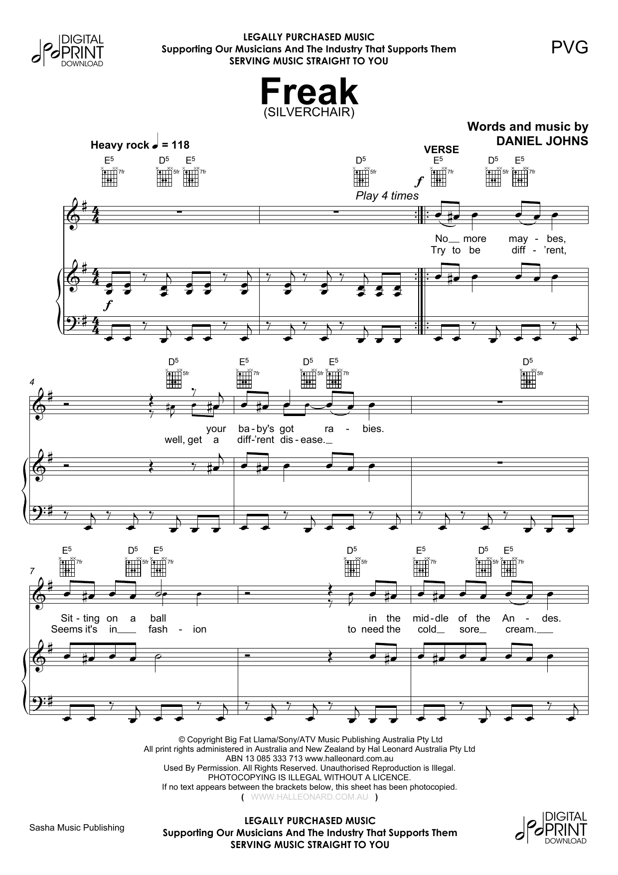 Freak (Piano, Vocal & Guitar Chords (Right-Hand Melody)) von Silverchair