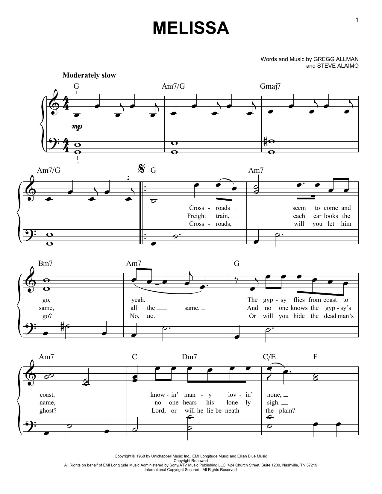 Melissa (Very Easy Piano) von The Allman Brothers Band