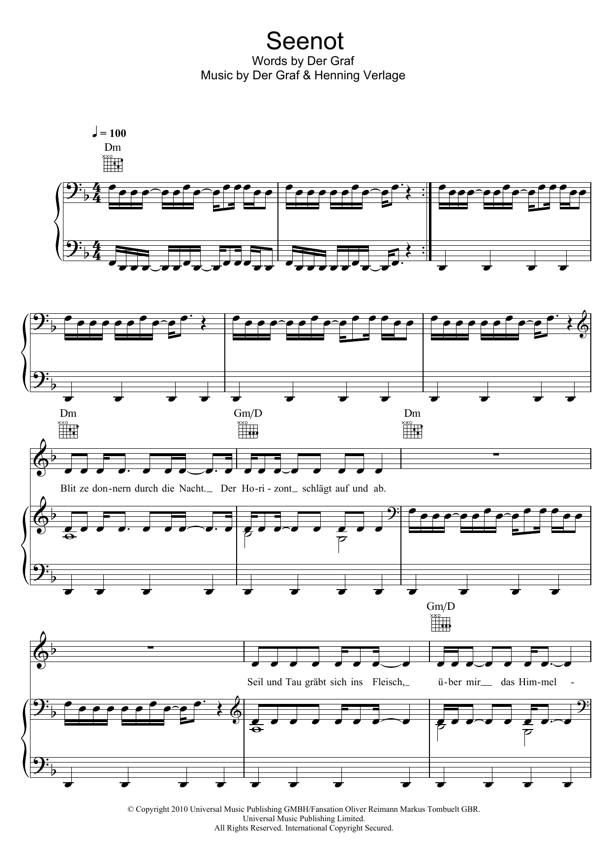 Seenot (Piano, Vocal & Guitar Chords) von Unheilig
