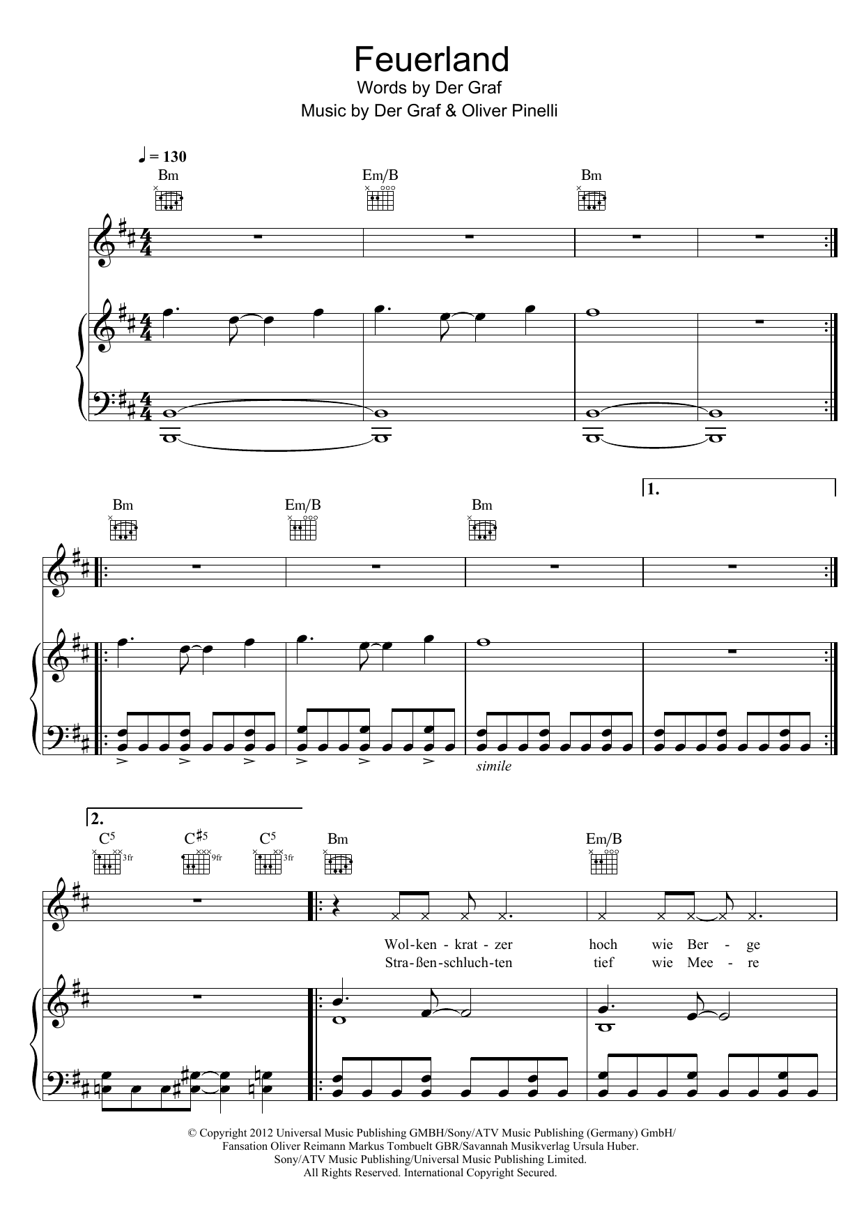 Feuerland (Piano, Vocal & Guitar Chords) von Unheilig