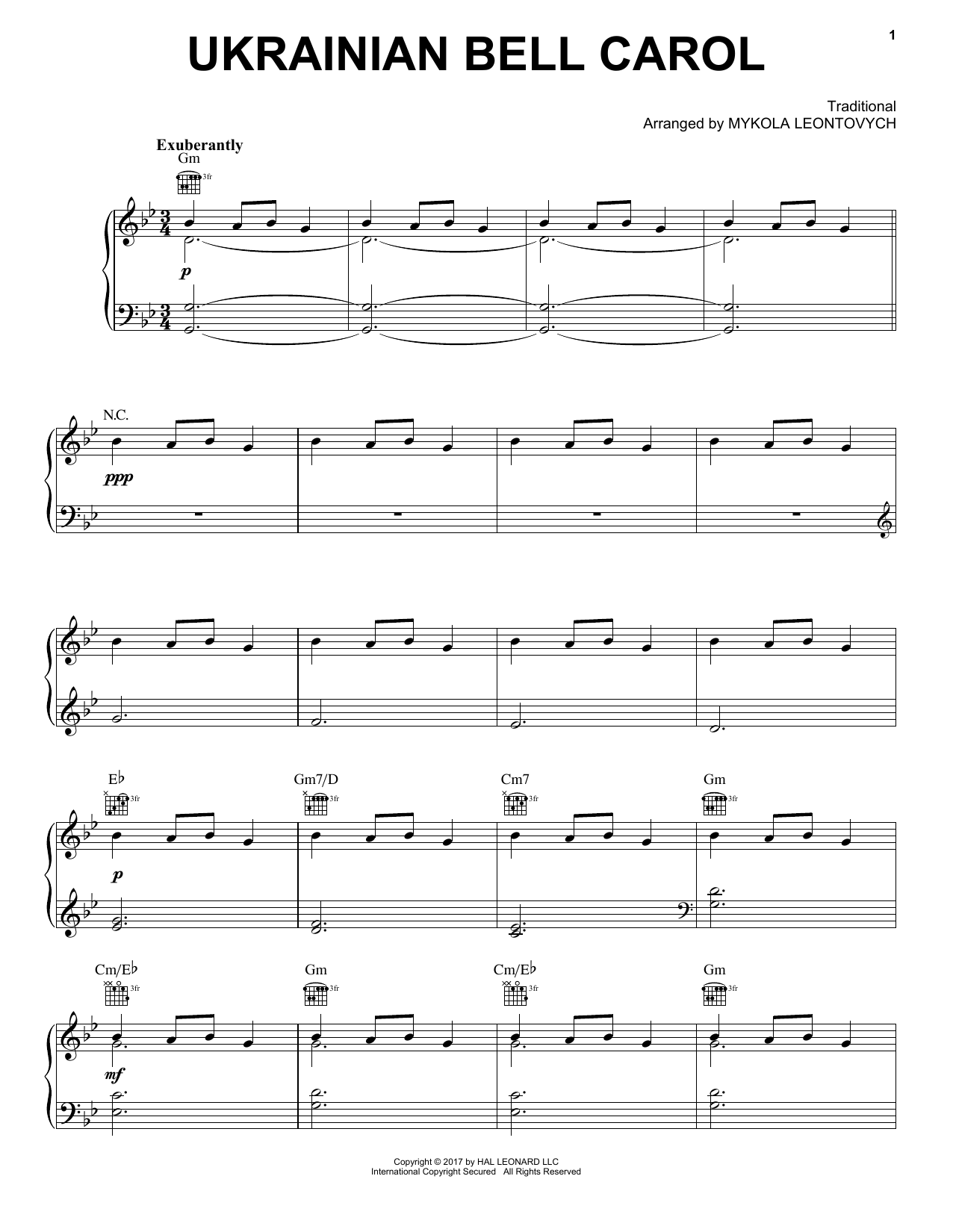 Ukrainian Bell Carol (Piano, Vocal & Guitar Chords (Right-Hand Melody)) von Mykola Leontovych