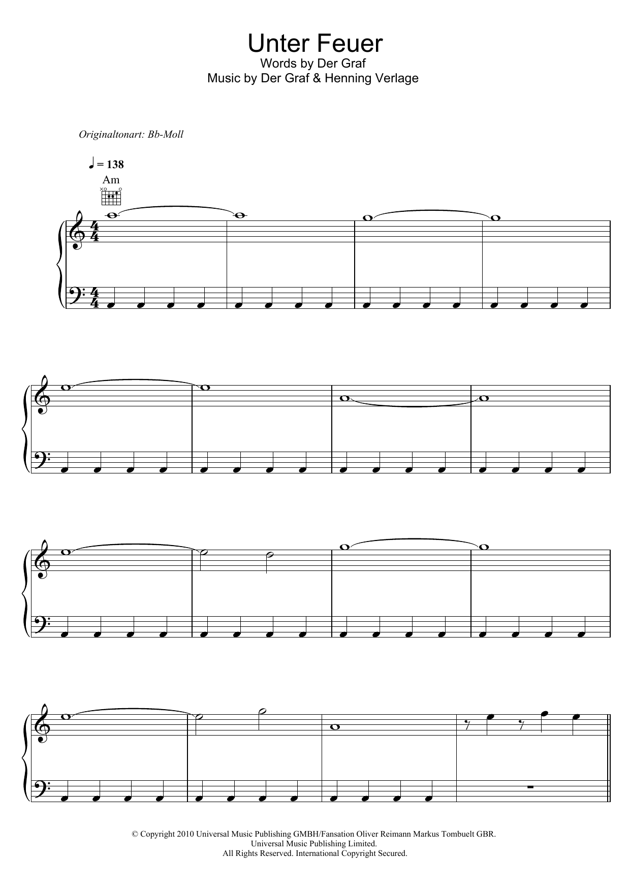 Unter Feuer (Piano, Vocal & Guitar Chords) von Unheilig