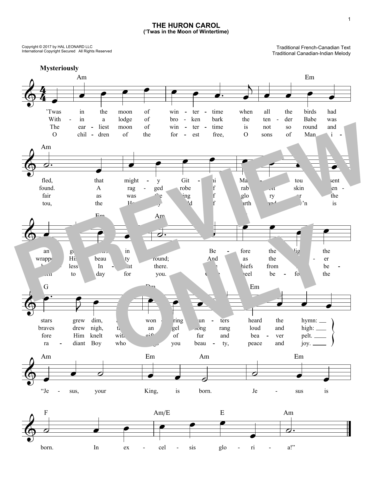 The Huron Carol ('Twas In The Moon Of Wintertime) (Lead Sheet / Fake Book) von Trad. Canadian-Indian Melody