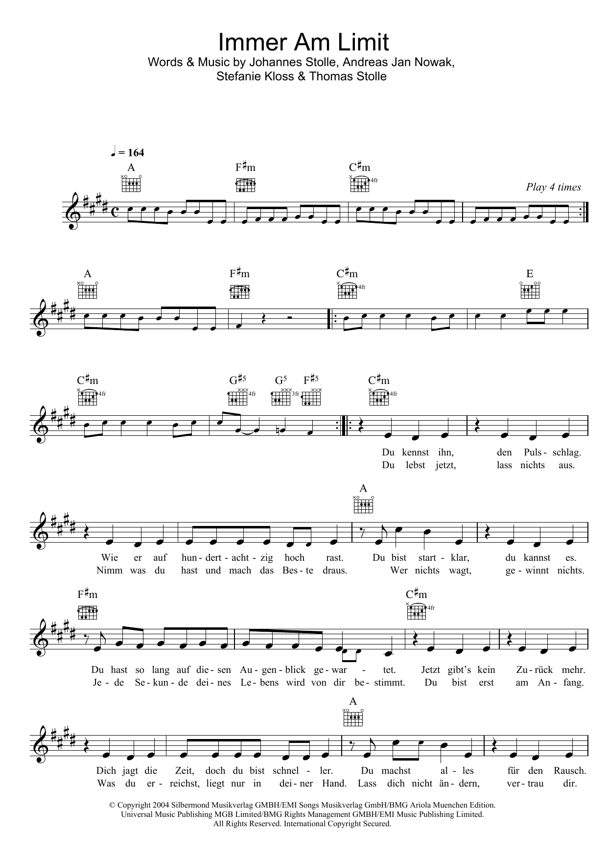 Immer Am Limit (Lead Sheet / Fake Book) von Silbermond