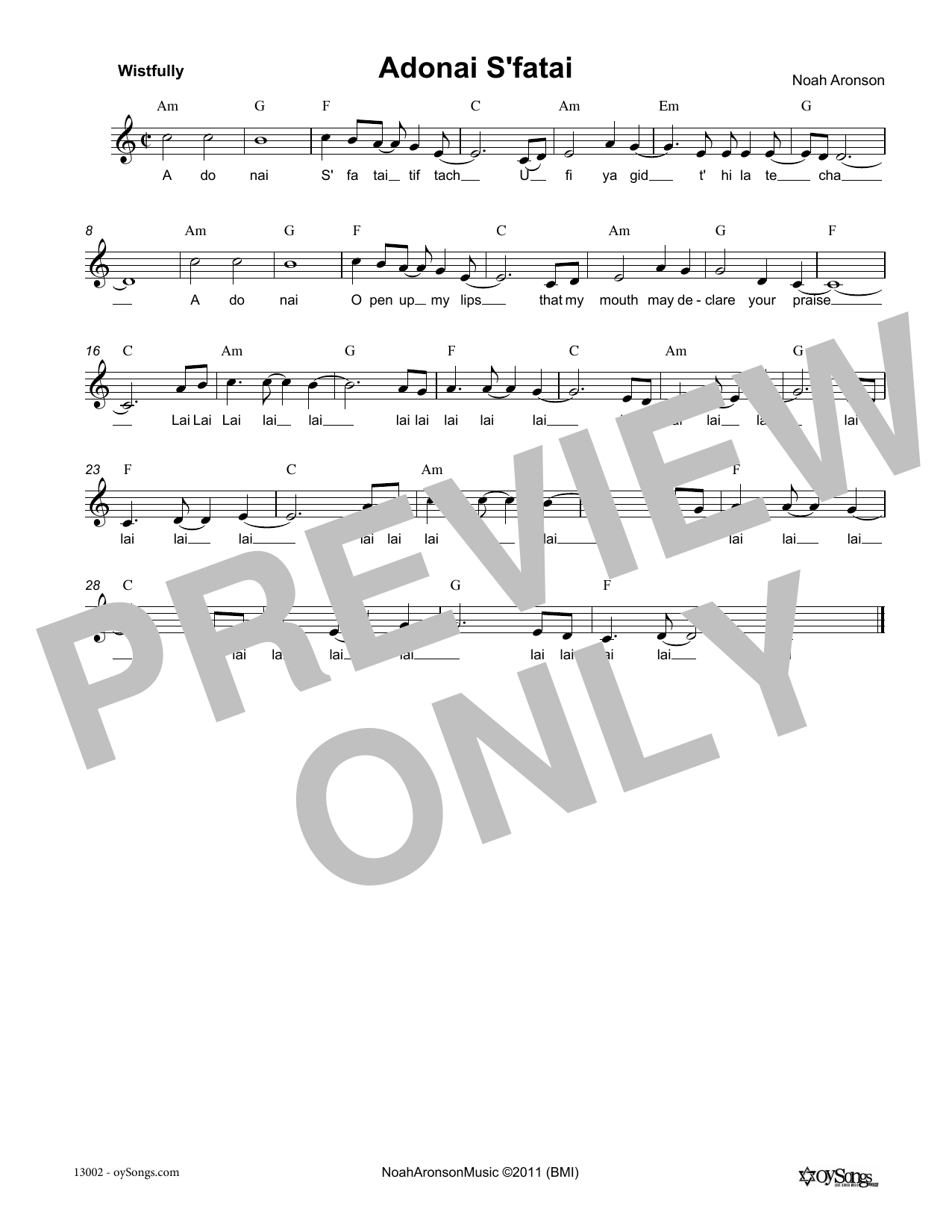 Adonai S'fatai (Lead Sheet / Fake Book) von Noah Aronson