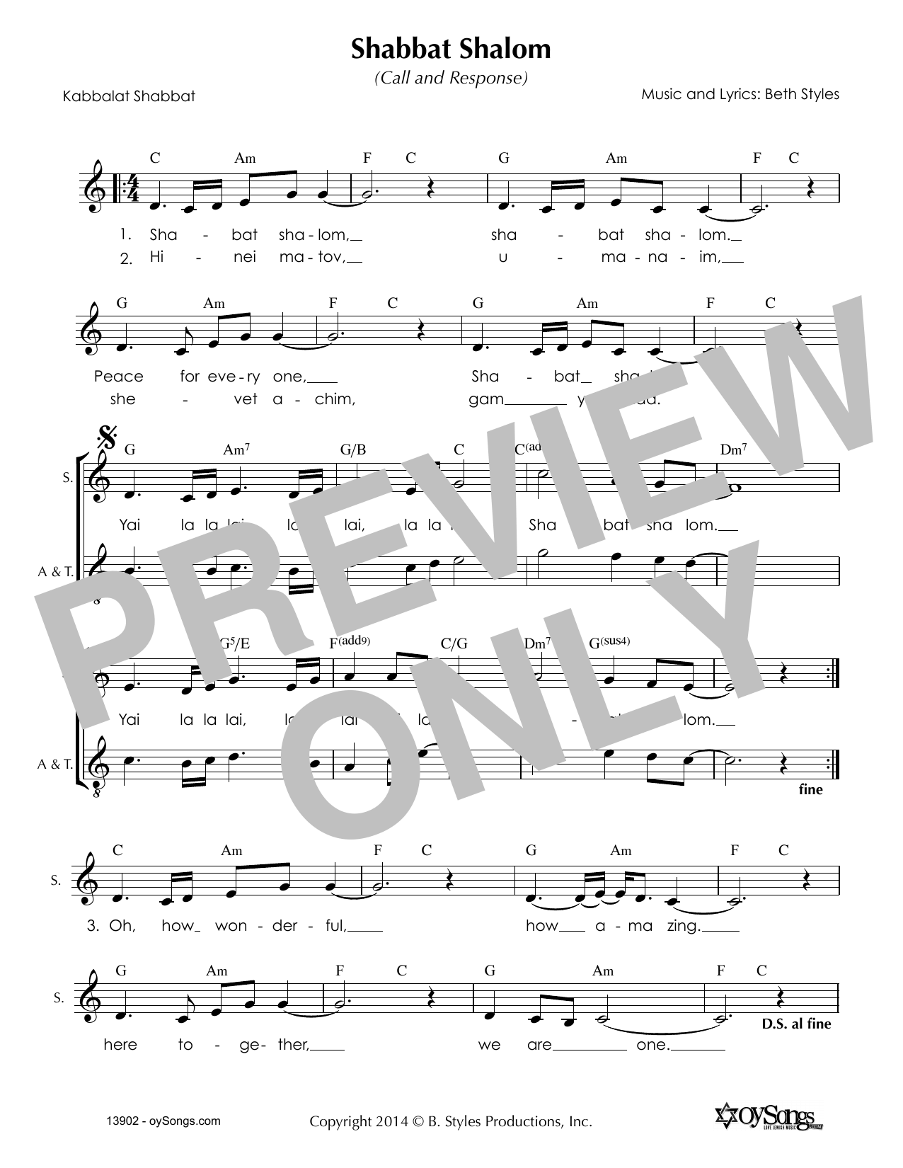 Shabbat Shalom (2part) (Lead Sheet / Fake Book) von Beth Styles