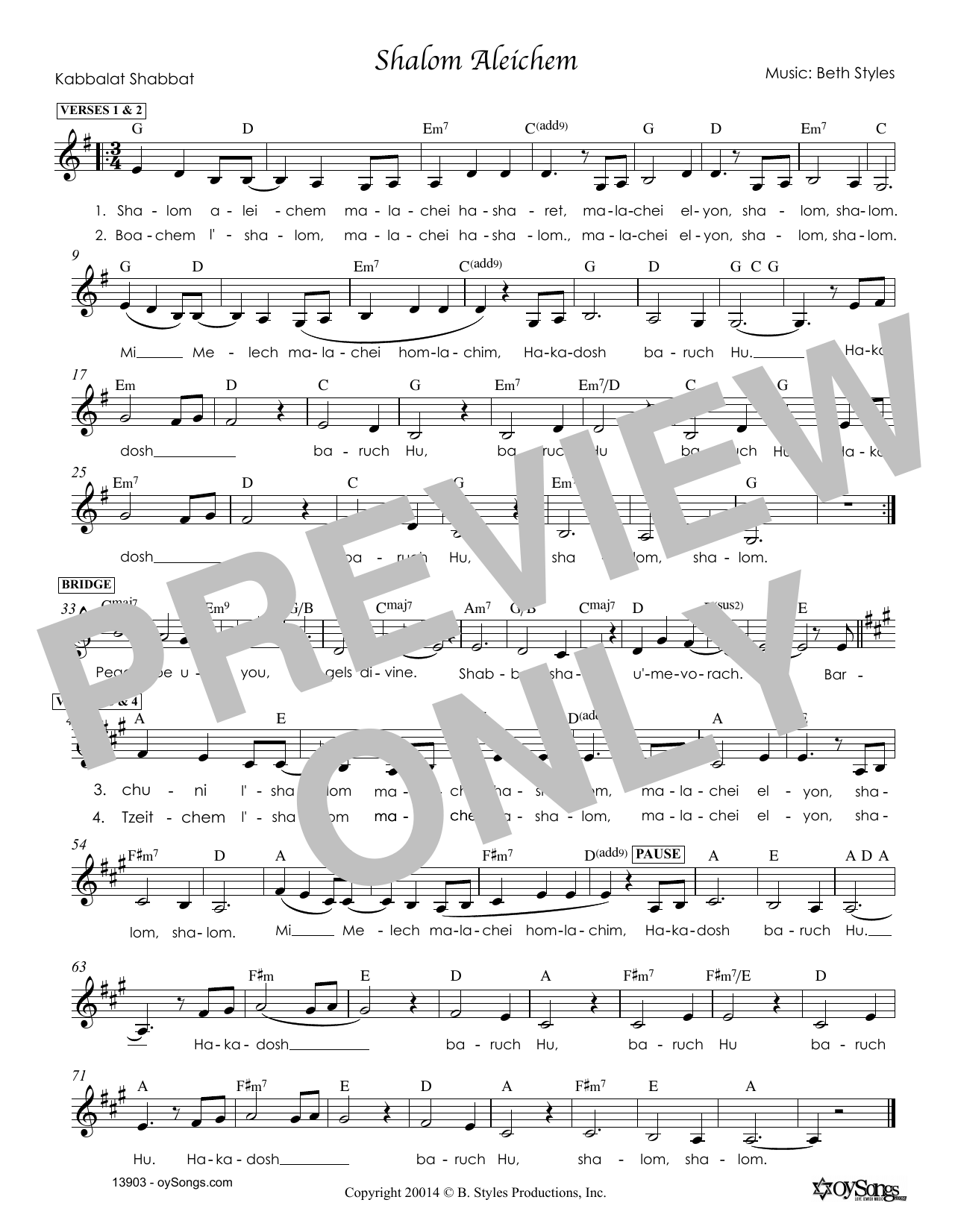 Shalom Aleichem (Lead Sheet / Fake Book) von Beth Styles