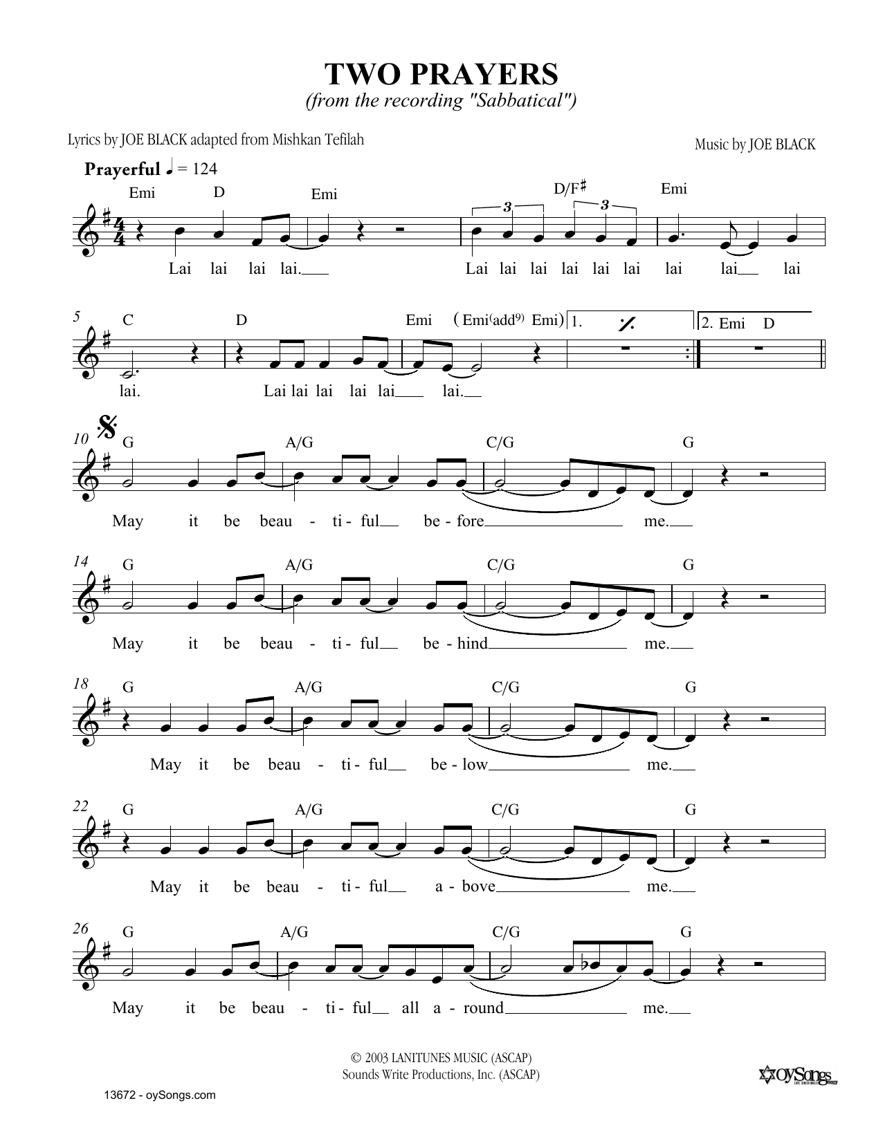 Two Prayers (Lead Sheet / Fake Book) von Joe Black