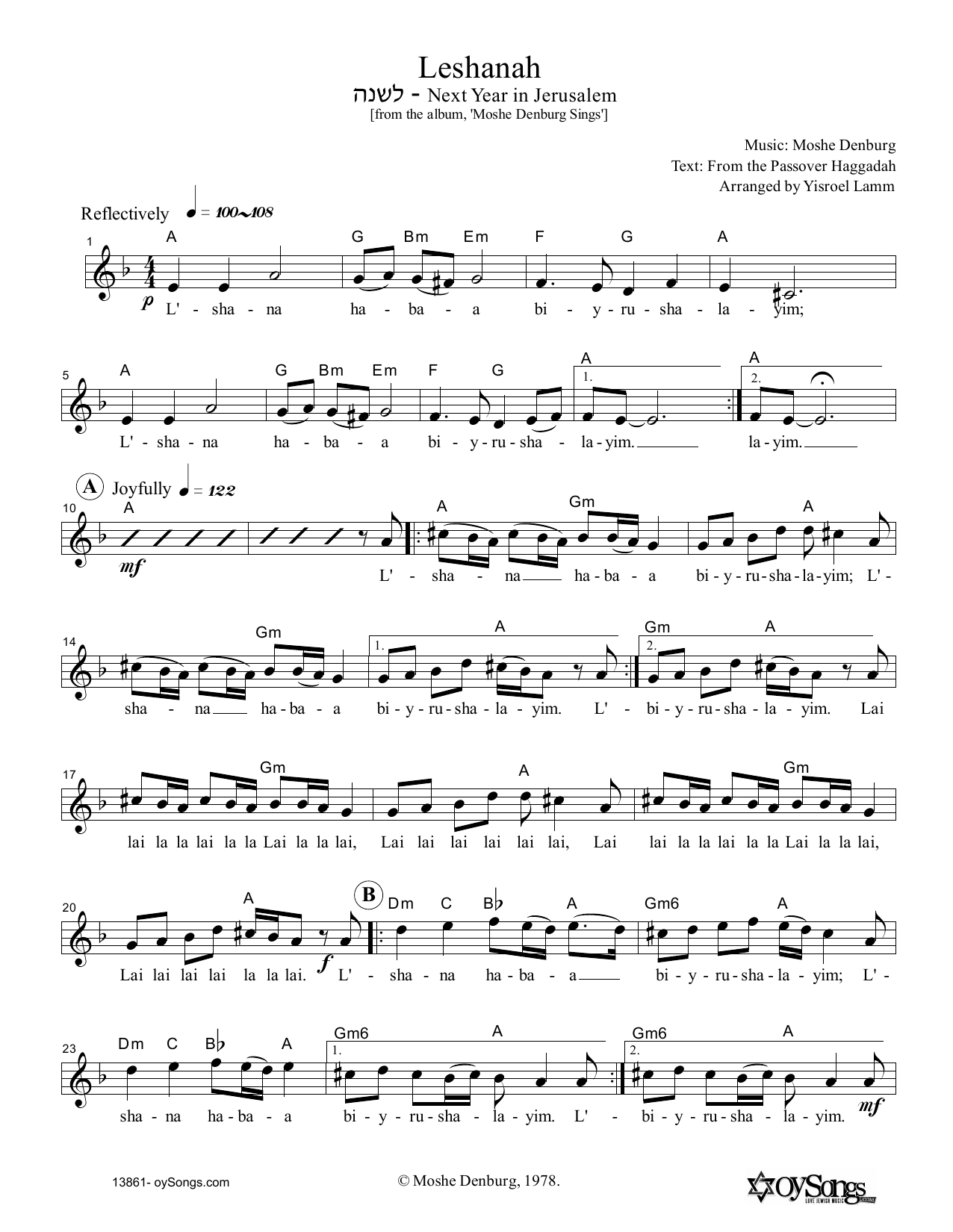 Leshanah (Lead Sheet / Fake Book) von Moshe Denburg